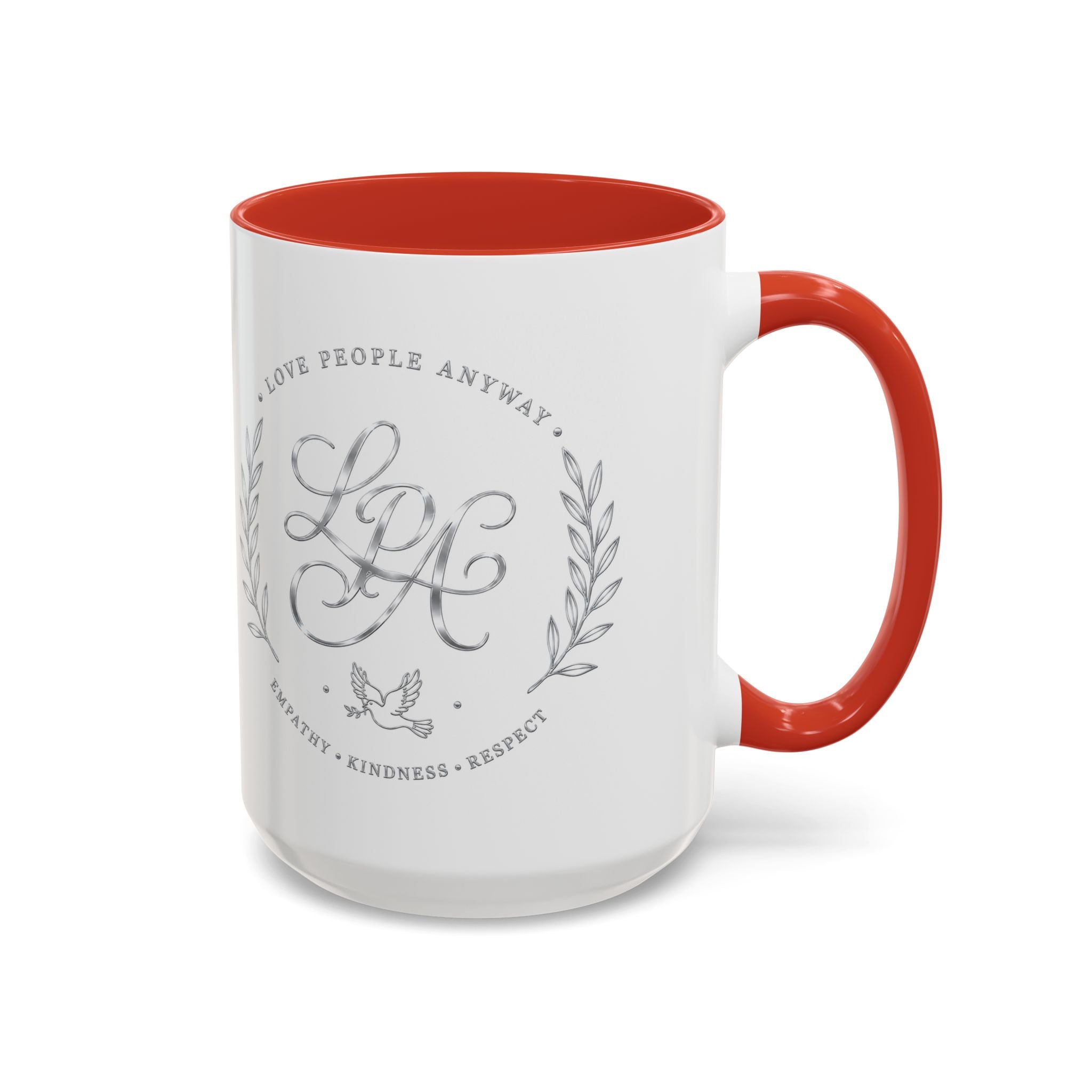 Love People Anyway Silver Accent Coffee Mug | Inspirational Monogram Mug | Faith Freedom Creations