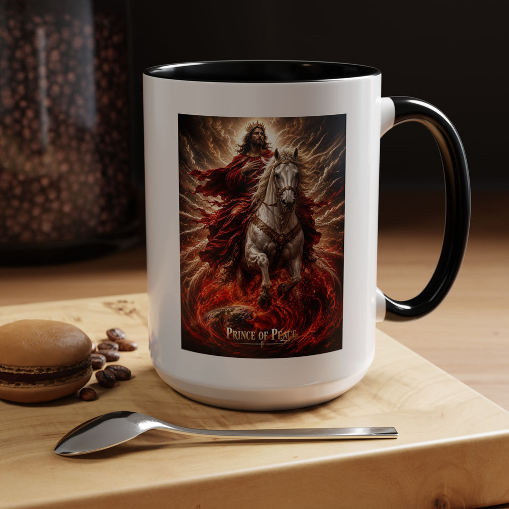 Inspirational Christian coffee mug featuring Jesus riding a white horse surrounded by radiant heavenly light with Prince of Peace artwork and colorful accent handle and interior.