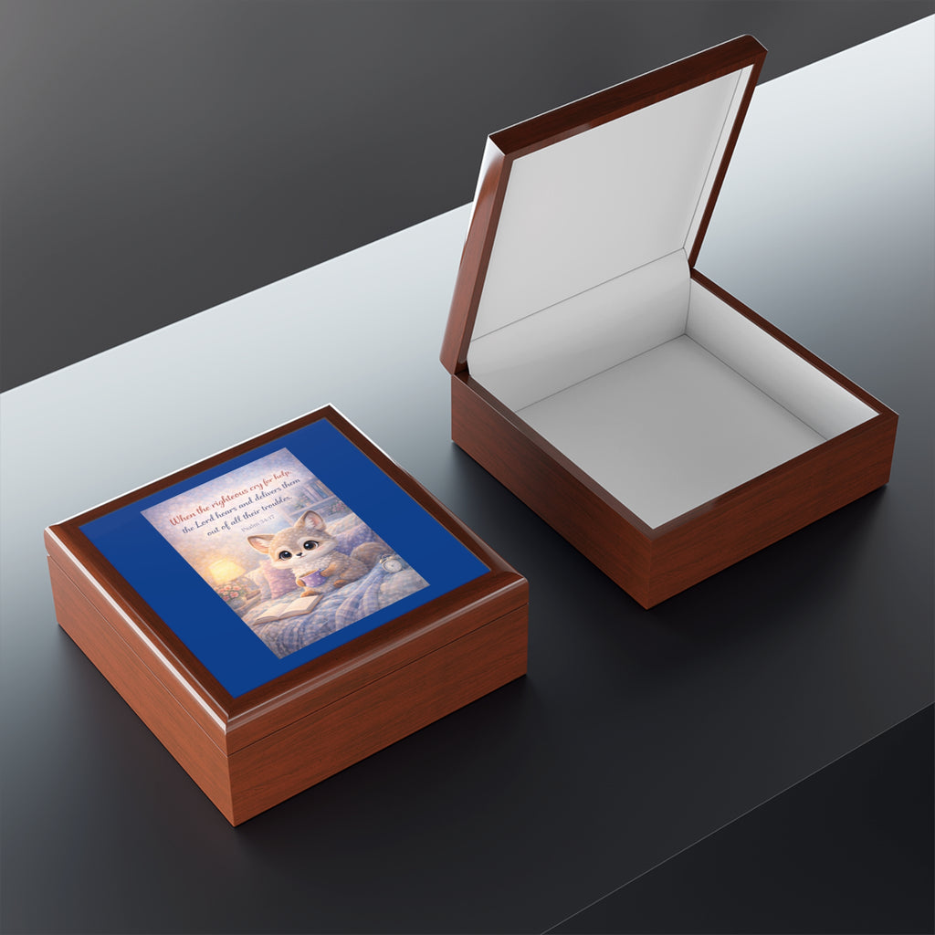 The Righteous Cry Out - Cozy Kitten Jewelry Box with Psalm 34:17
