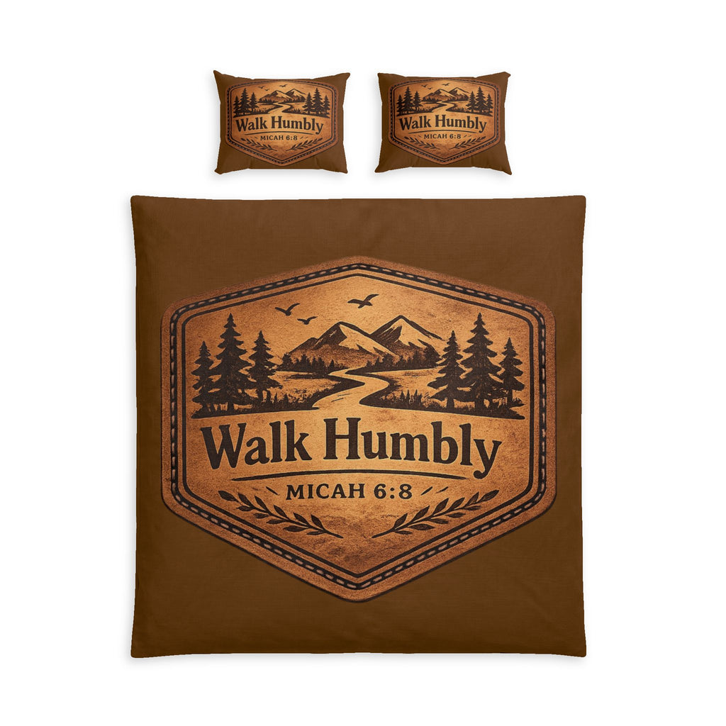 Rustic cotton duvet cover set featuring a leather-style mountain badge with pine trees and the words "Walk Humbly" inspired by Micah 6:8 on warm earth-tone bedding.
