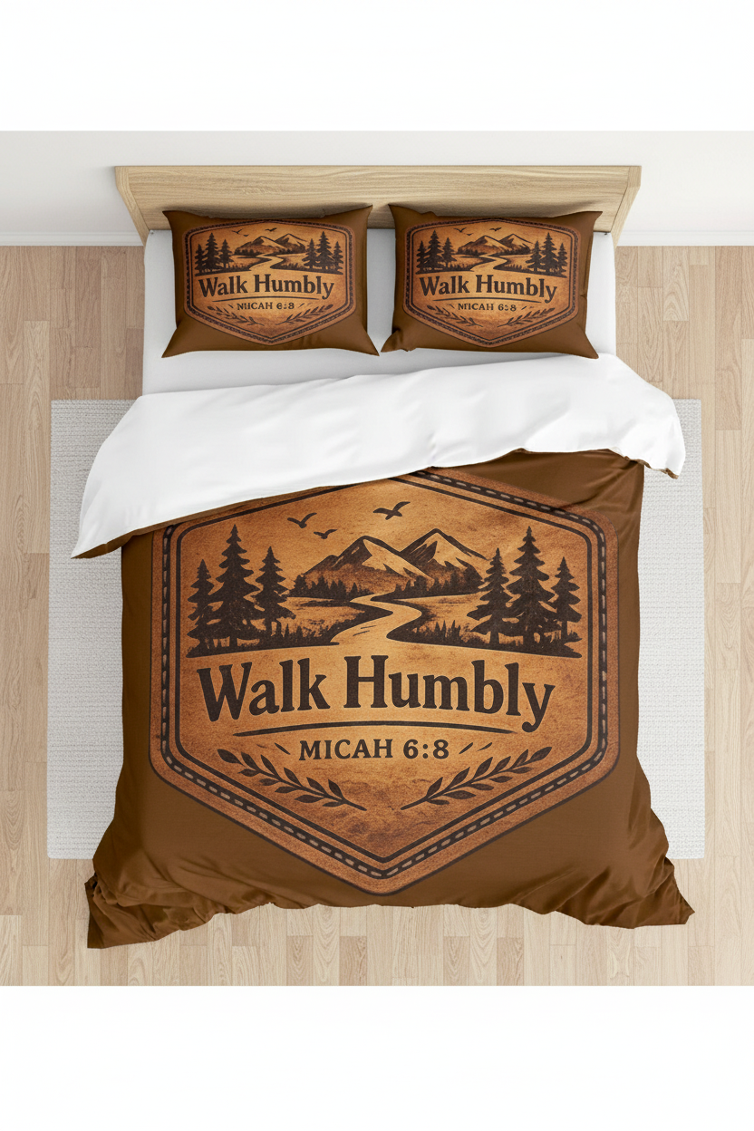 Walk Humbly Cotton Bedding Set | Micah 6:8 Christian Duvet Cover | Rustic Mountain Faith Bedroom Décor