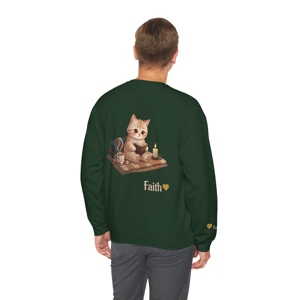 Faith Cozy Cat Crewneck Sweatshirt – Candlelight Cat Faith Sweatshirt | Quiet Comfort Apparel