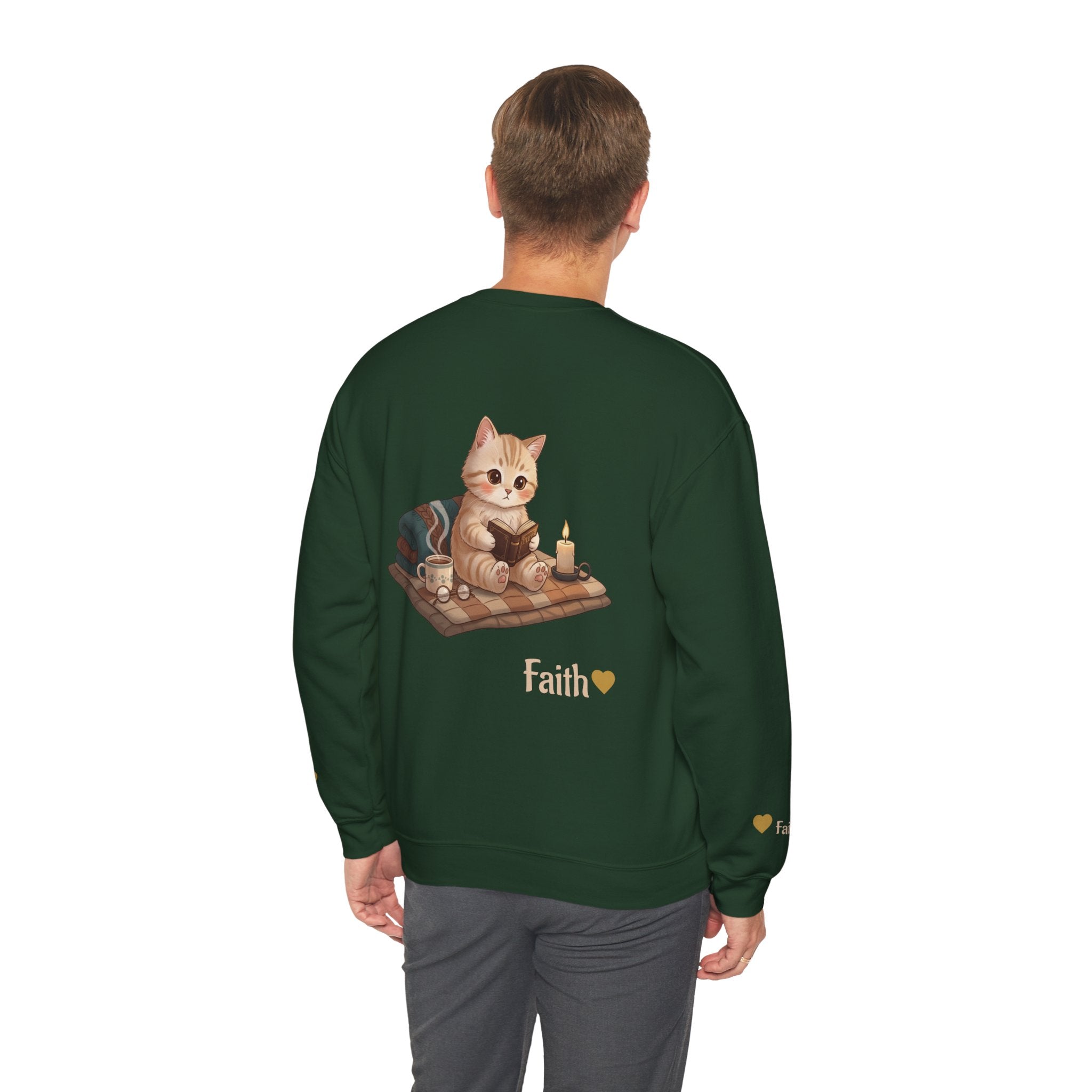 Faith Cozy Cat Crewneck Sweatshirt – Candlelight Cat Faith Sweatshirt | Quiet Comfort Apparel