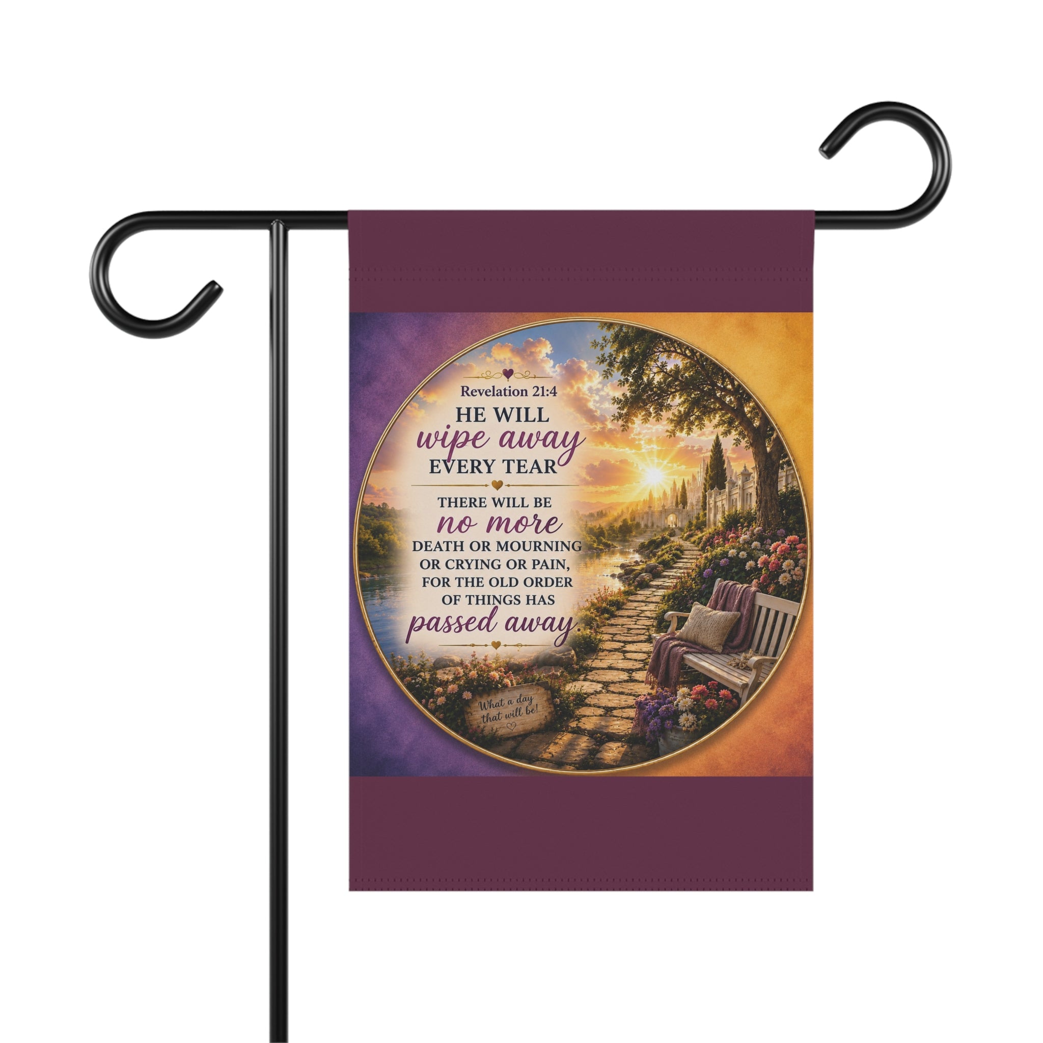 He Will Wipe Away Every Tear Garden Flag | Revelation 21:4 Inspirational Outdoor Banner | Christian Garden Decor