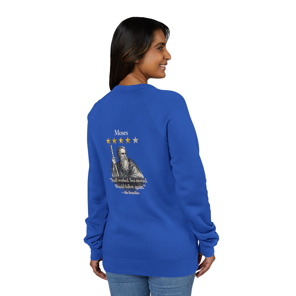Moses Five-Star Faith Series – Raglan Sweatshirt | “Staff Worked. Sea Moved.” Faith Graphic