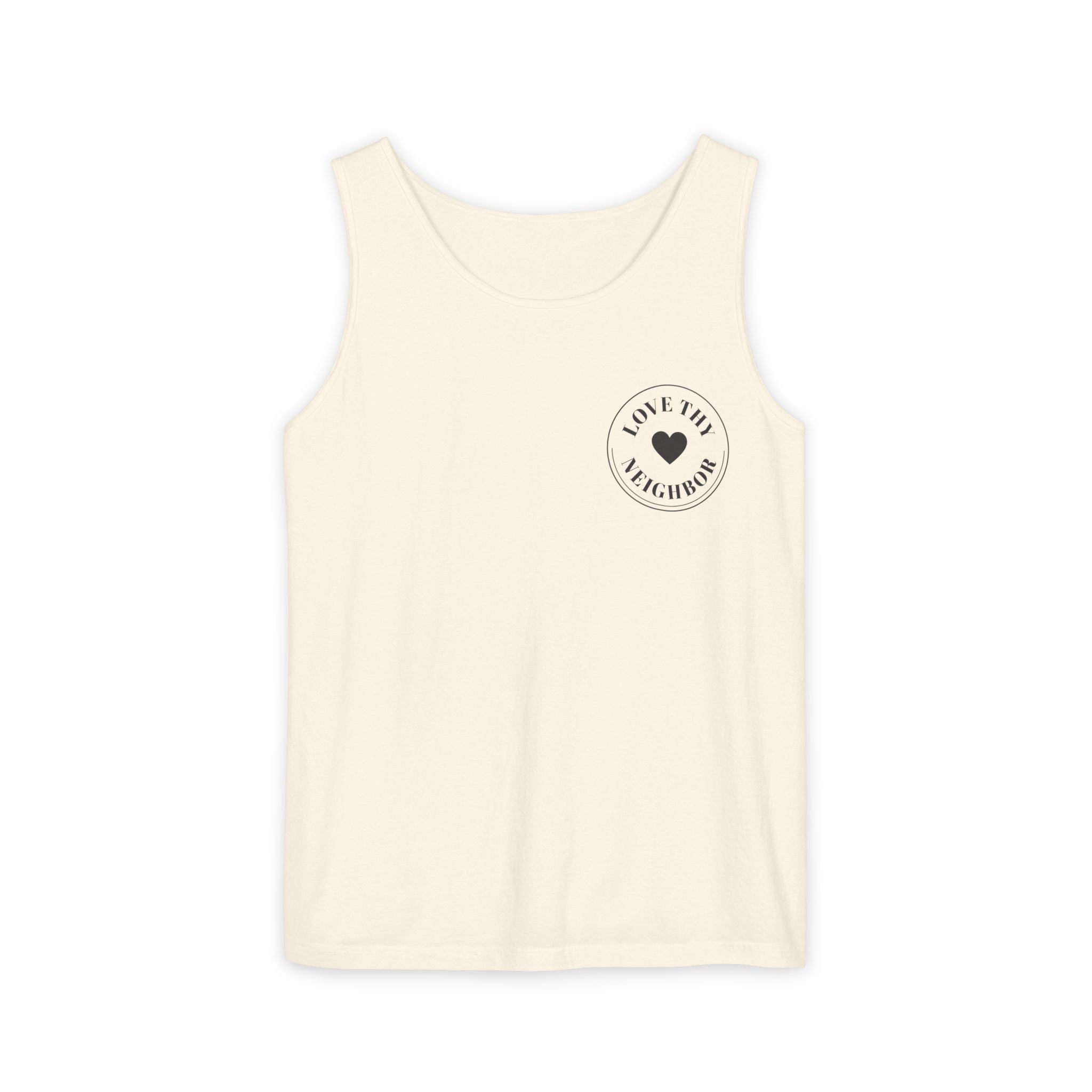 An off-white sleeveless tank top with a small black circular graphic on the left chest containing a heart and the words 'Love thy Neighbor'.