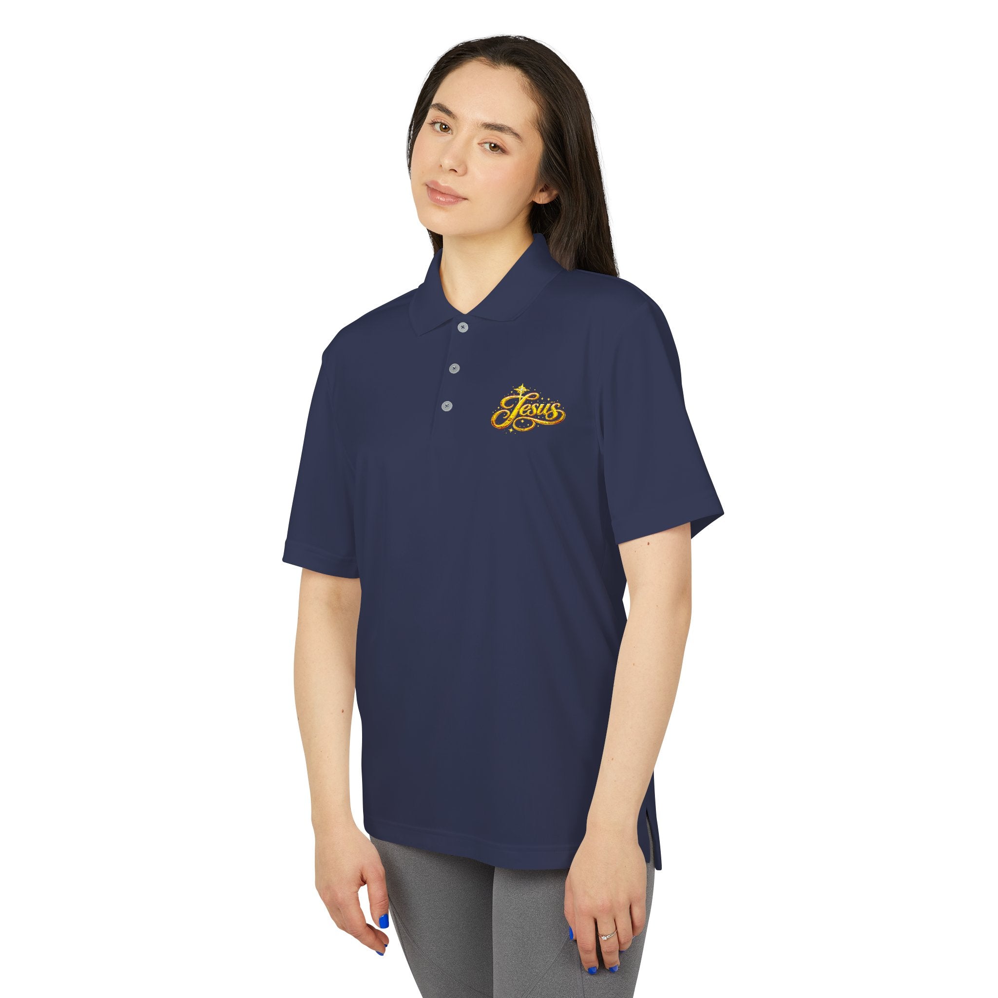 'Jesus' Script Embroidered Polo — Gold Faith Golf Shirt
