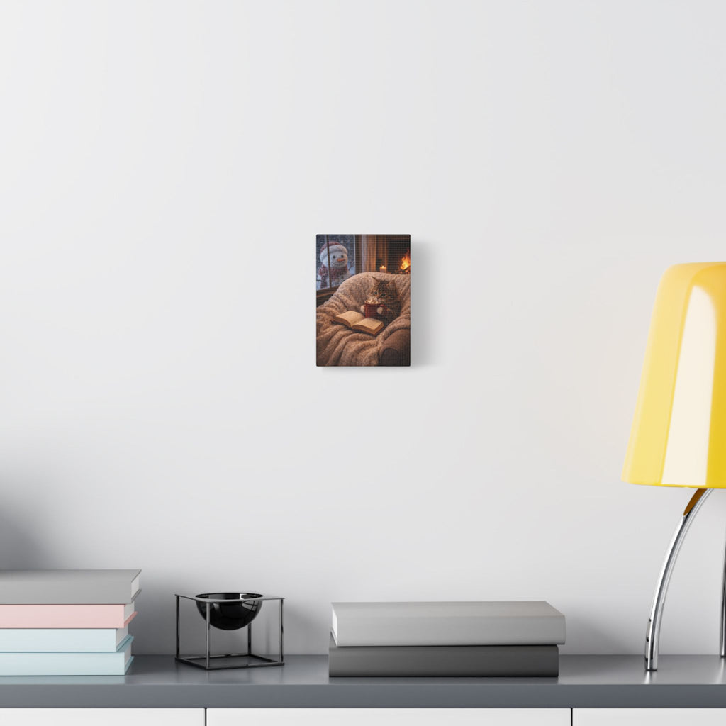 Winter Cat with Mug & Book Canvas — Cozy Cat Wall Art
