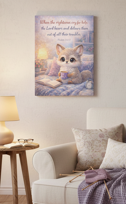 Woodland Fox Psalm 34:17 Canvas — Scripture Nursery Wall Art
