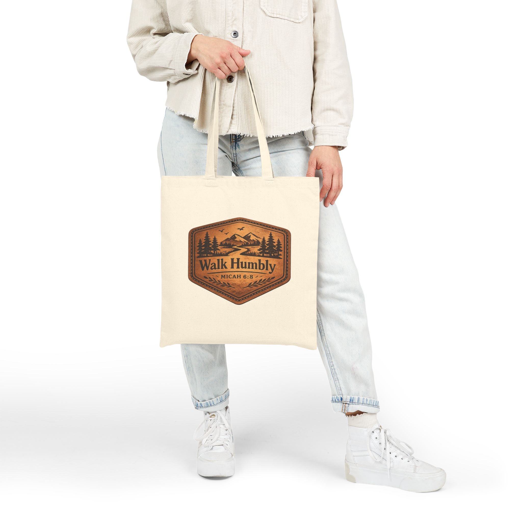 Walk Humbly Tote Bag | Micah 6:8 Christian Canvas Tote | Rustic Mountain Faith Tote