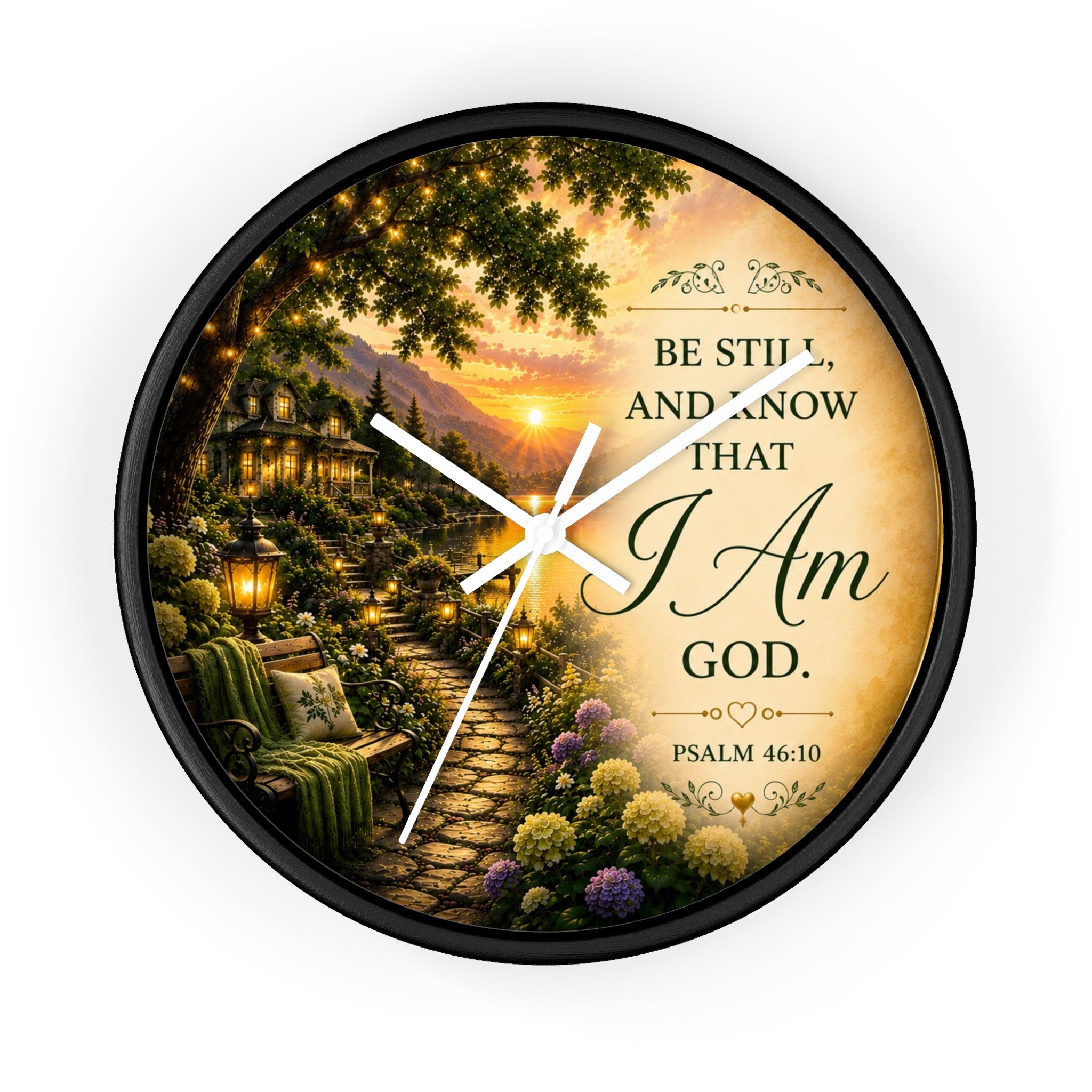 Inspirational Christian wall clock featuring a peaceful sunset garden scene with Psalm 46:10 scripture “Be Still and Know That I Am God” in warm glowing tones.