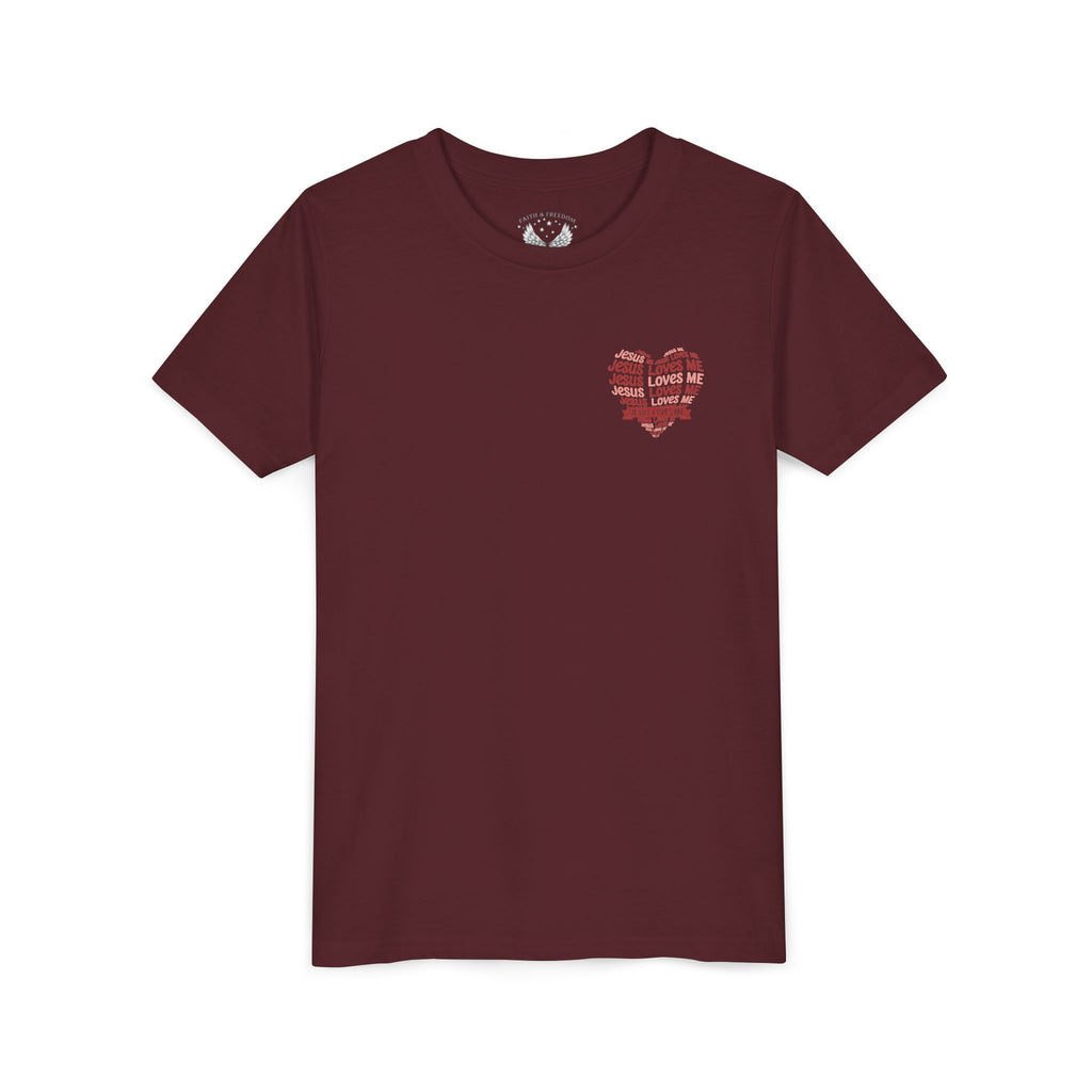 Jesus Loves Me Youth T-Shirt – Heart Word Cloud Christian Kids Tee | Faith Inspired Youth Shirt