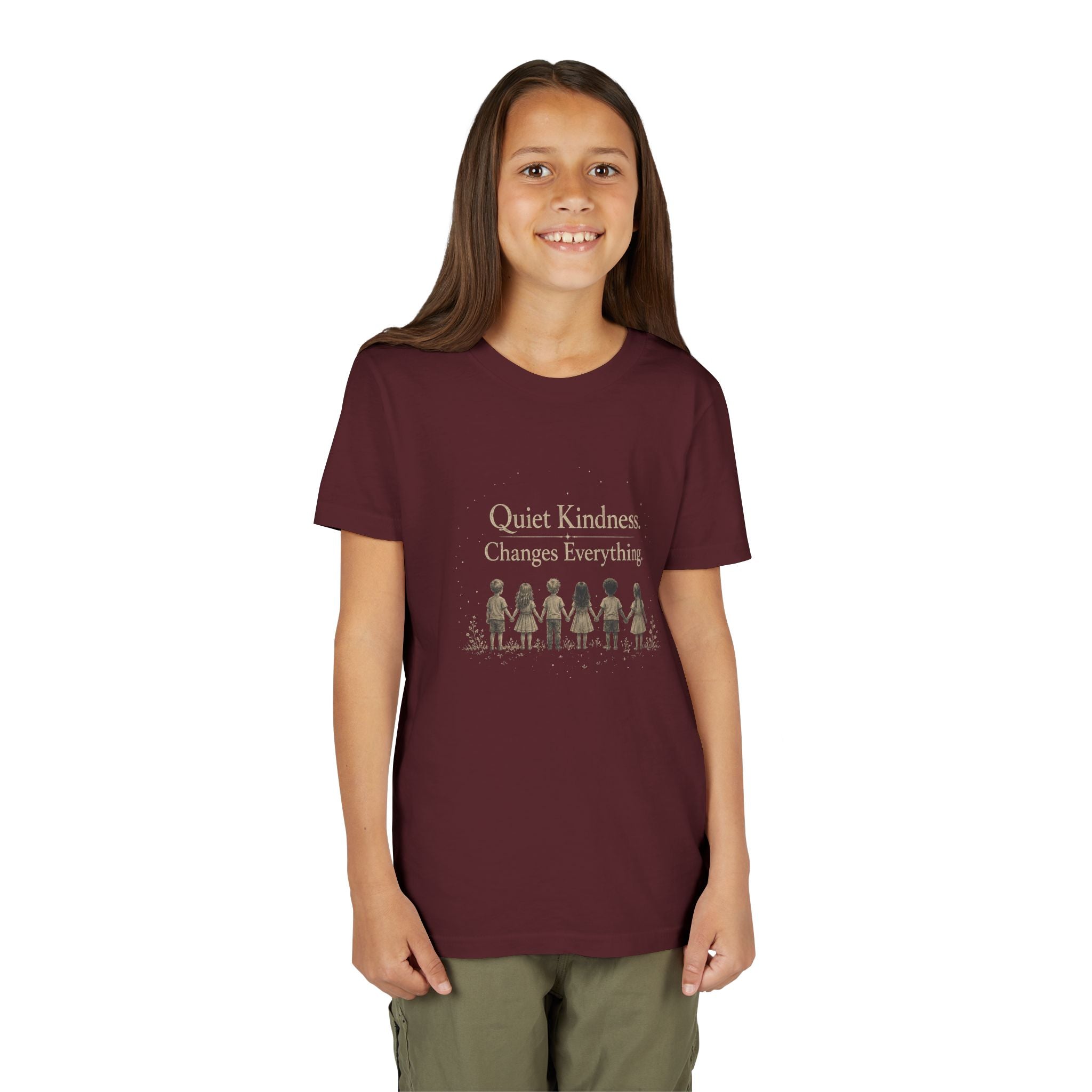 Youth “Quiet Kindness Changes Everything” Tee – Kids Inspirational T-Shirt with Earth & Friends Graphic
