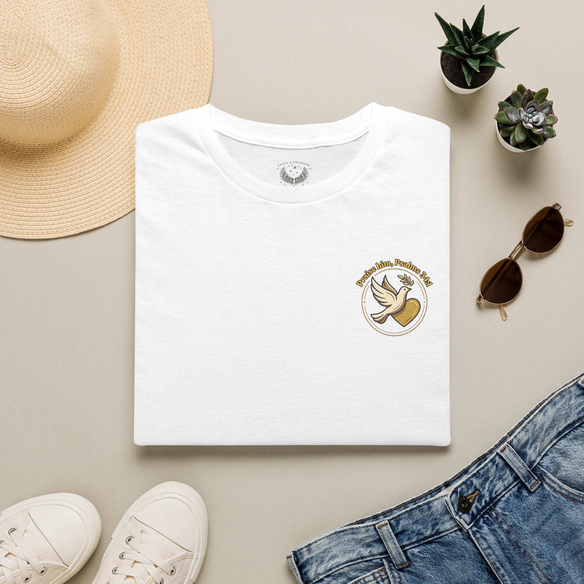 Minimalist Christian T-shirt featuring a Dove of Peace chest emblem with the words “Pray, Love, Remember” on a soft lightweight faith-inspired tee.