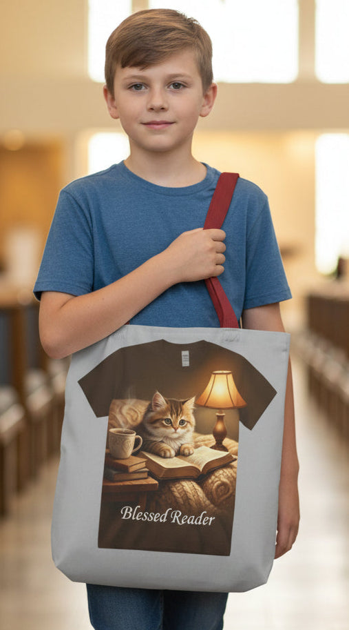 Blessed Reader Cat Tote Bag – Cozy Book Lover Library Tote | Cat & Books Gift Bag