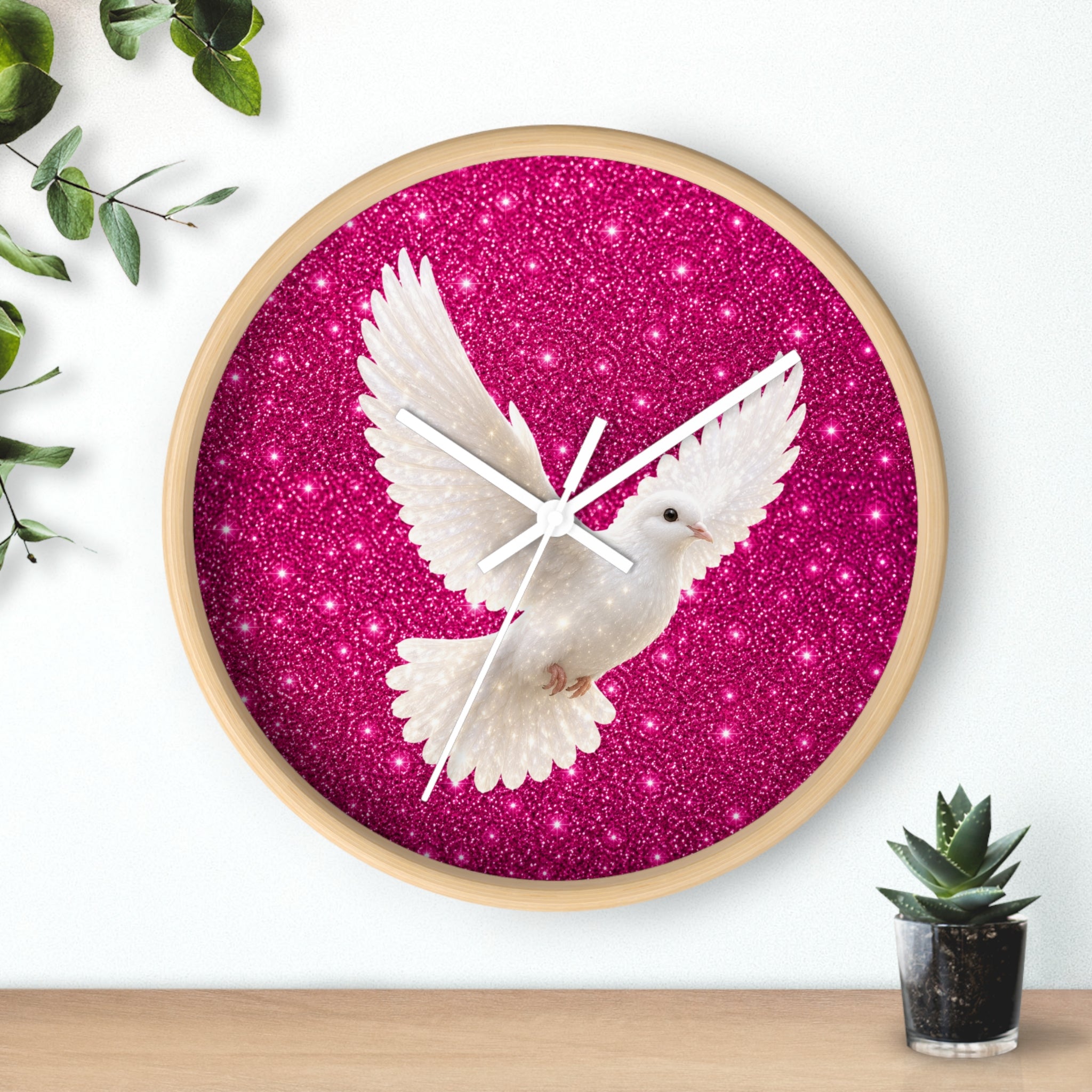 Dove Wall Clock — White Dove on Sparkling Hot Pink Background