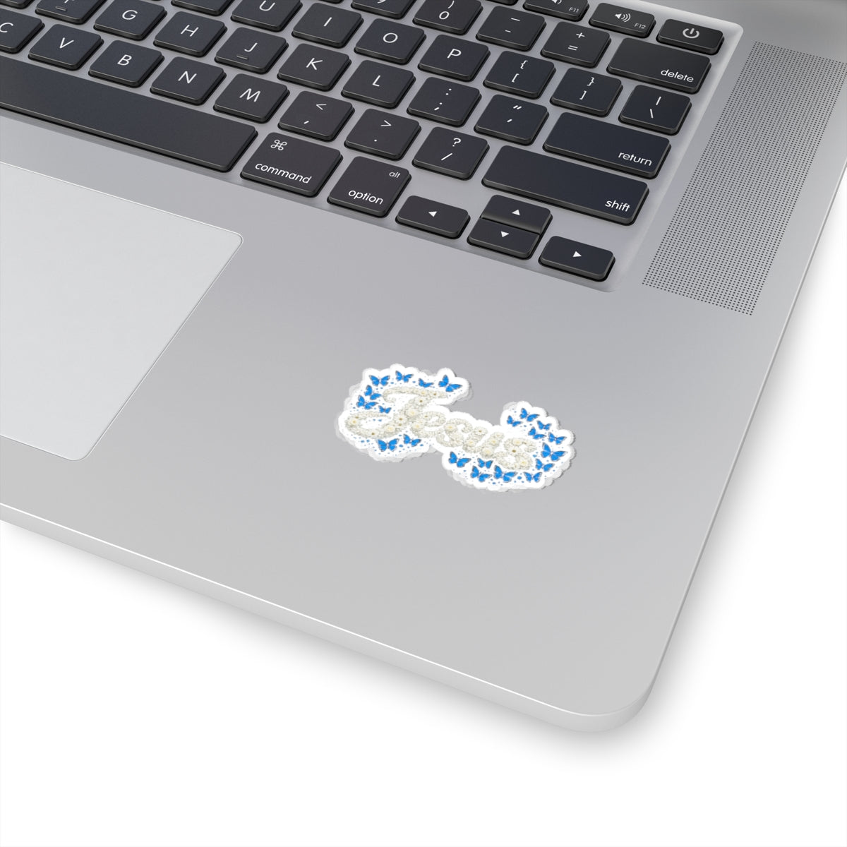 Jesus Floral Script Sticker – Blue Butterfly Christian Decal | Faith Laptop & Journal Sticker