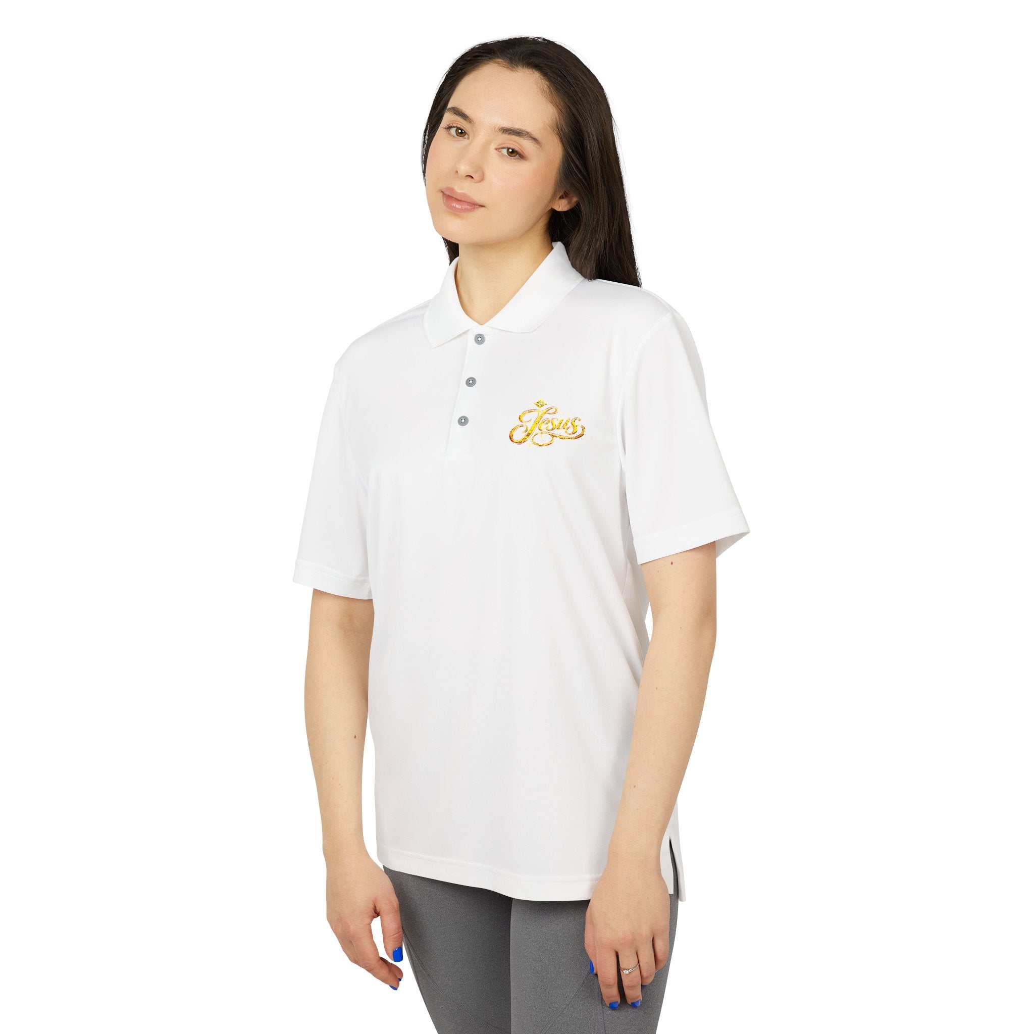'Jesus' Script Embroidered Polo — Gold Faith Golf Shirt
