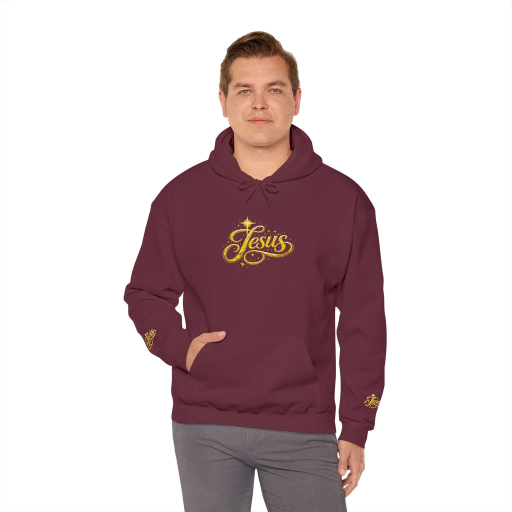 Jesus Gold Script Hoodie – Sparkle Christian Faith Pullover | Inspirational Hoodie