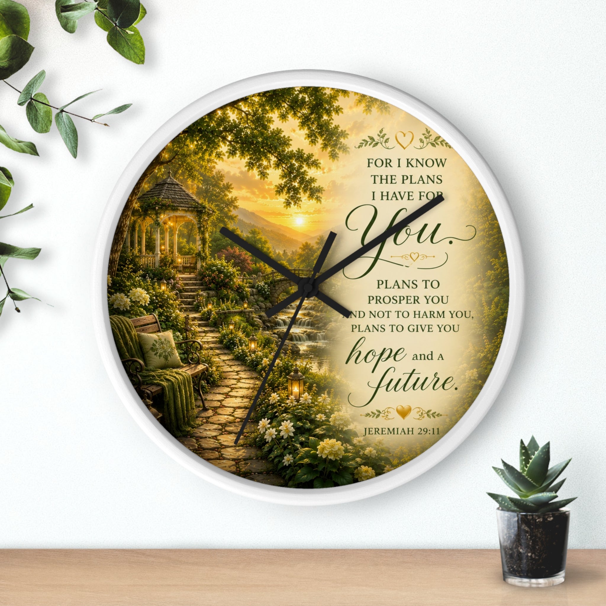 Inspirational Christian wall clock featuring a peaceful garden pathway, gazebo, and Jeremiah 29:11 scripture about hope and a future in warm sunset tones.
