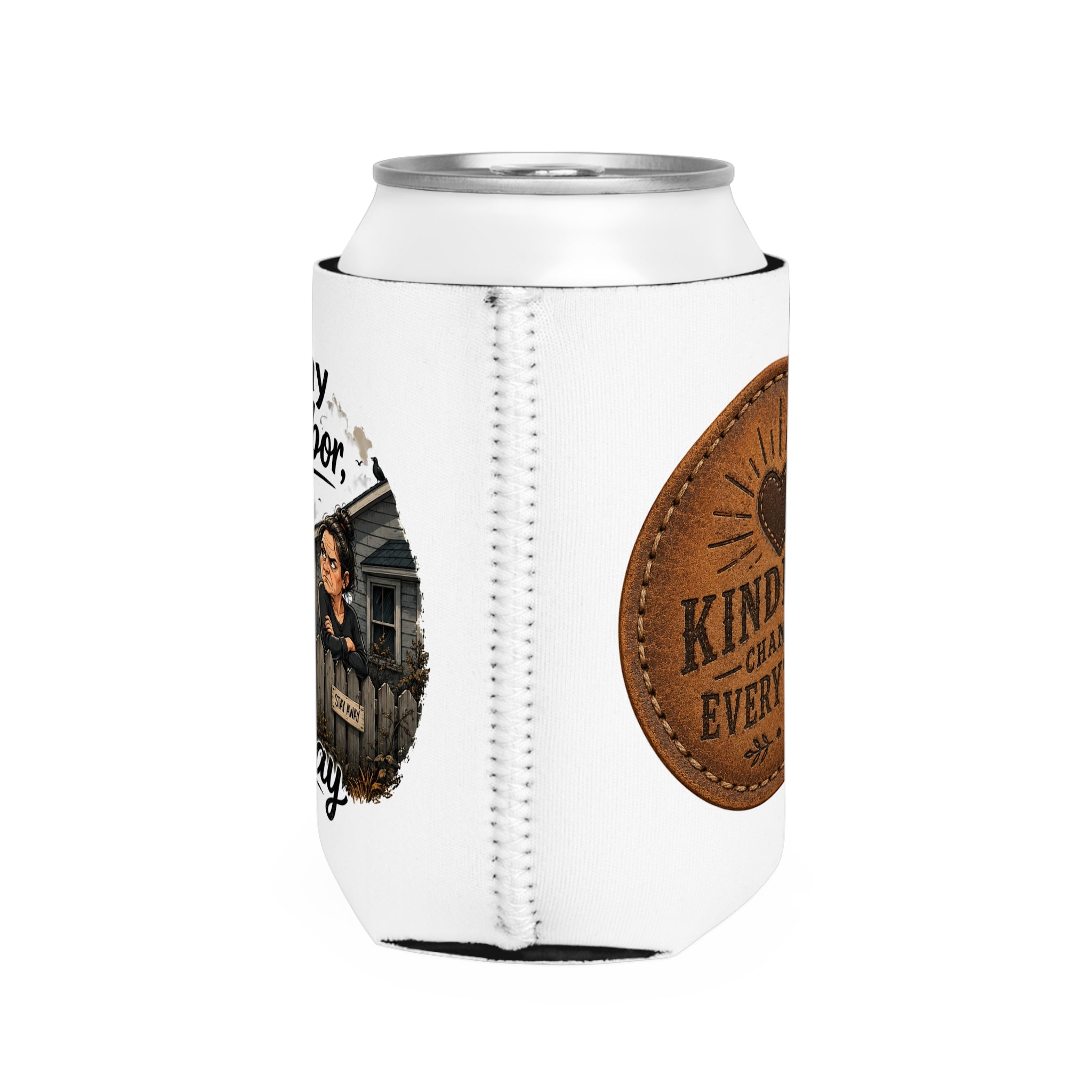 Double-sided neoprene can cooler featuring a playful "Love Thy Neighbor Anyway" neighborhood illustration on one side and a vintage "Kindness Changes Everything" leather-style badge on the other.