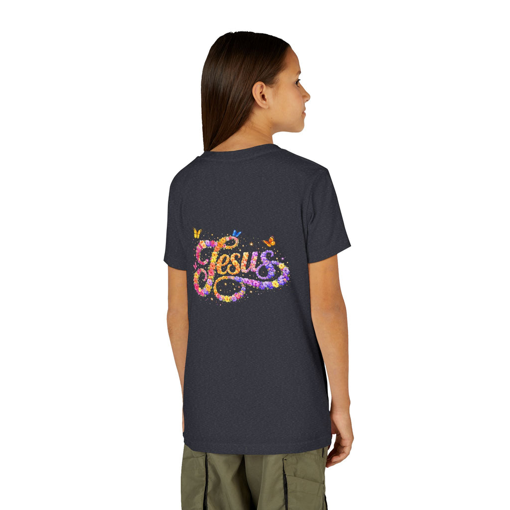 Youth Jesus Floral Script T-Shirt – Butterfly Christian Kids Tee | Faith Youth Shirt