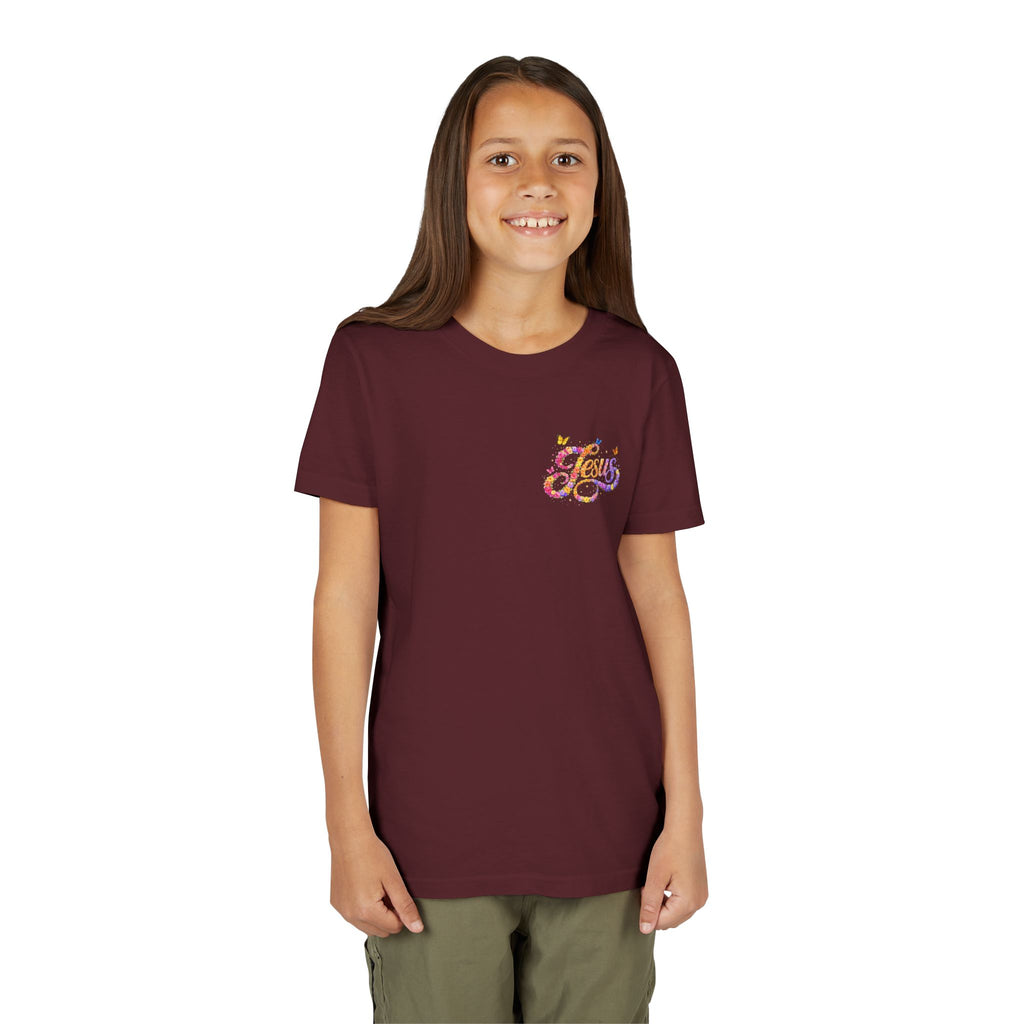 Youth Jesus Floral Script T-Shirt – Butterfly Christian Kids Tee | Faith Youth Shirt