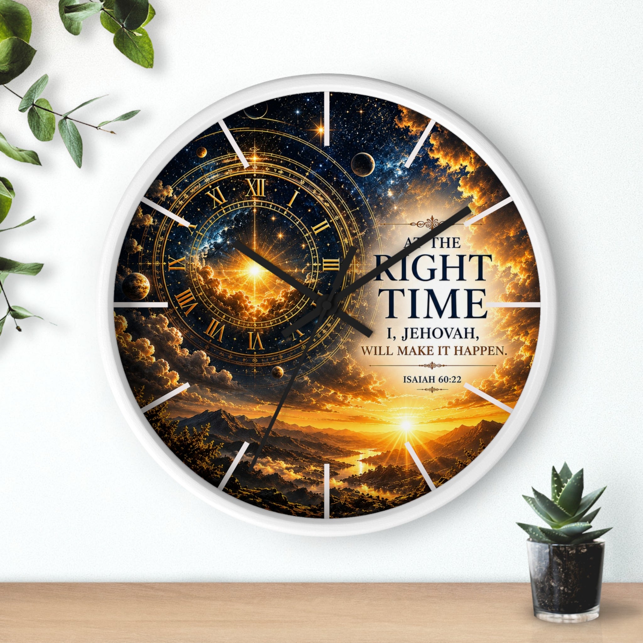 Inspirational Christian wall clock featuring celestial skies, glowing golden gears, and Isaiah 60:22 scripture with the phrase “The Right Time: I, Jehovah, Will Make It Happen.”