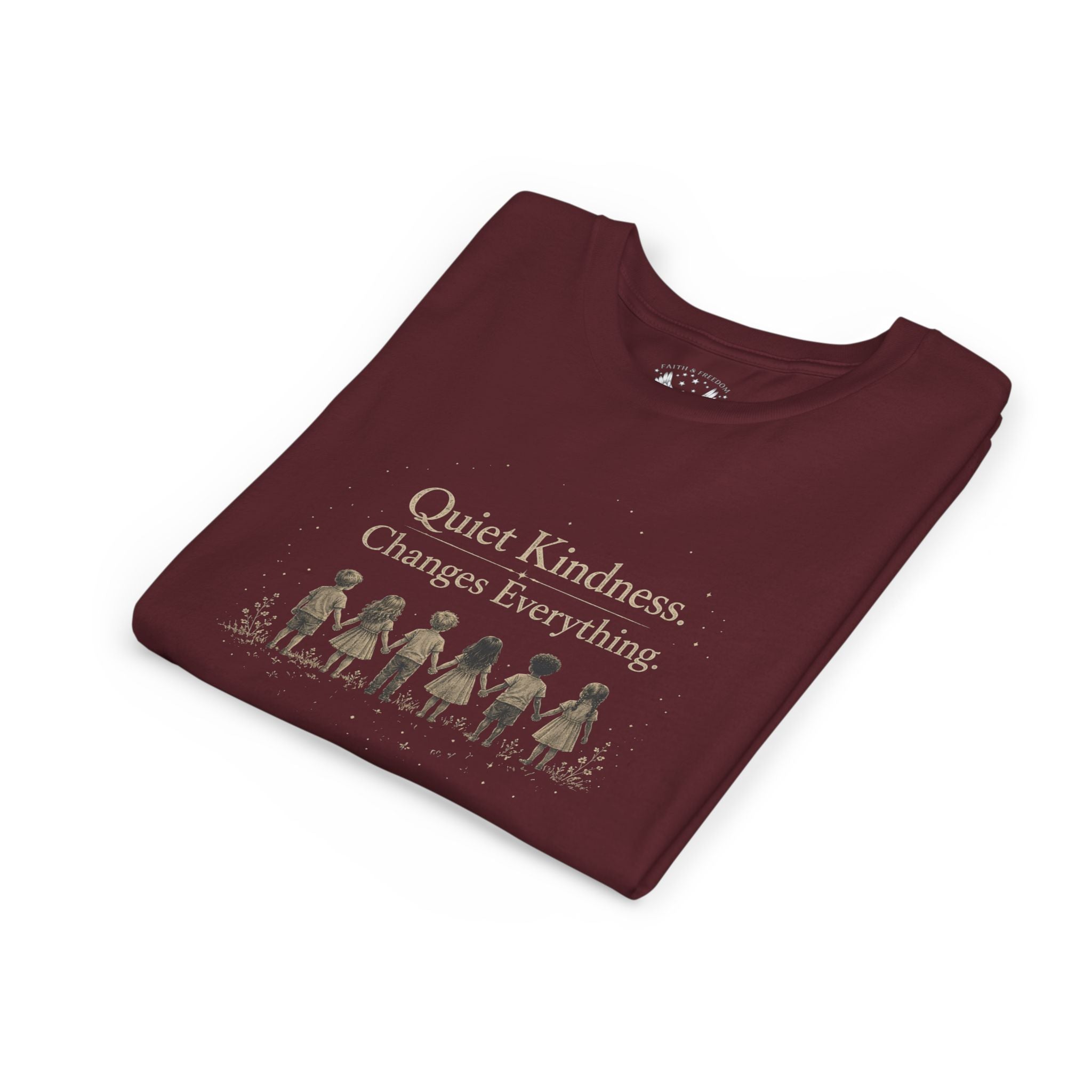 Youth “Quiet Kindness Changes Everything” Tee – Kids Inspirational T-Shirt with Earth & Friends Graphic