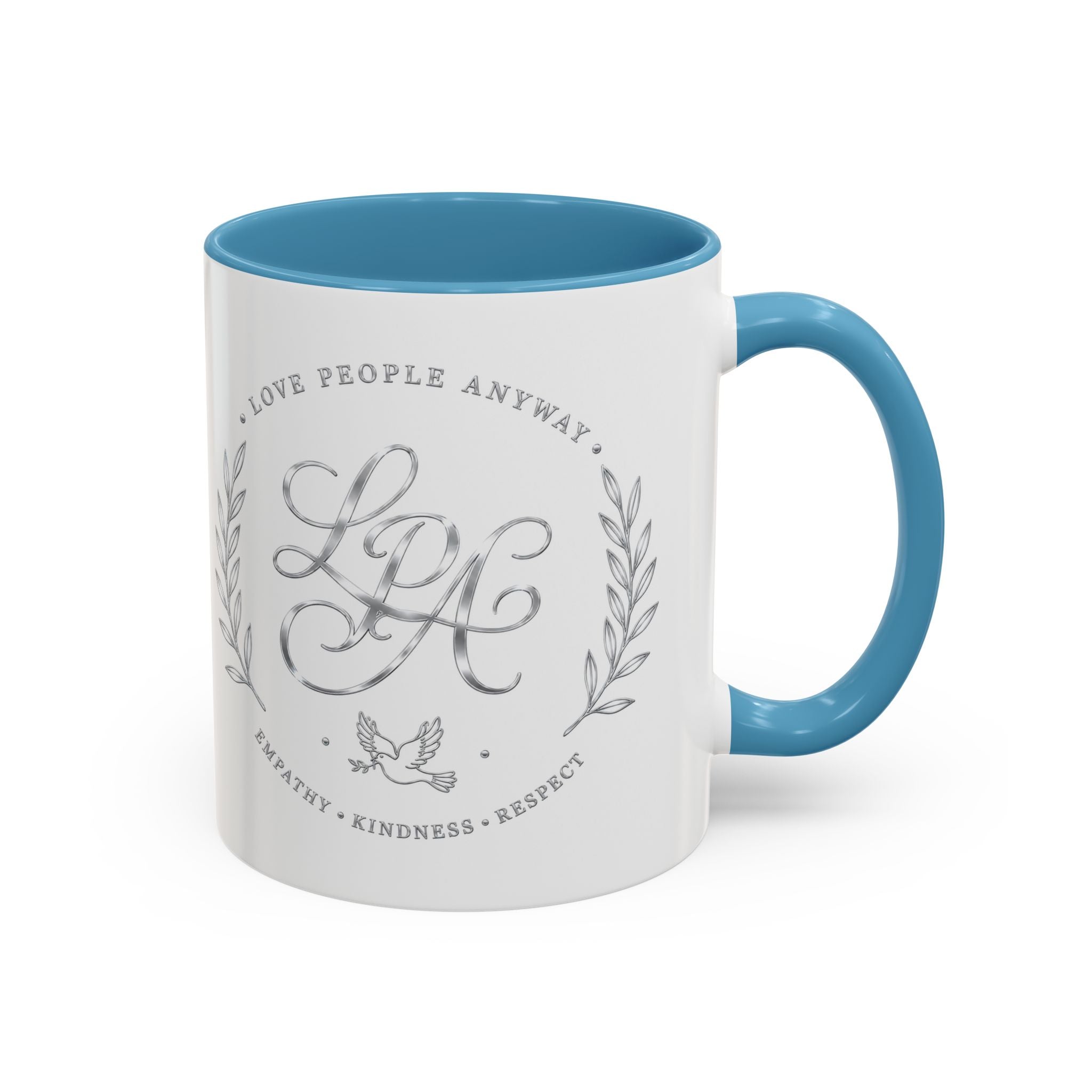 Love People Anyway Silver Accent Coffee Mug | Inspirational Monogram Mug | Faith Freedom Creations