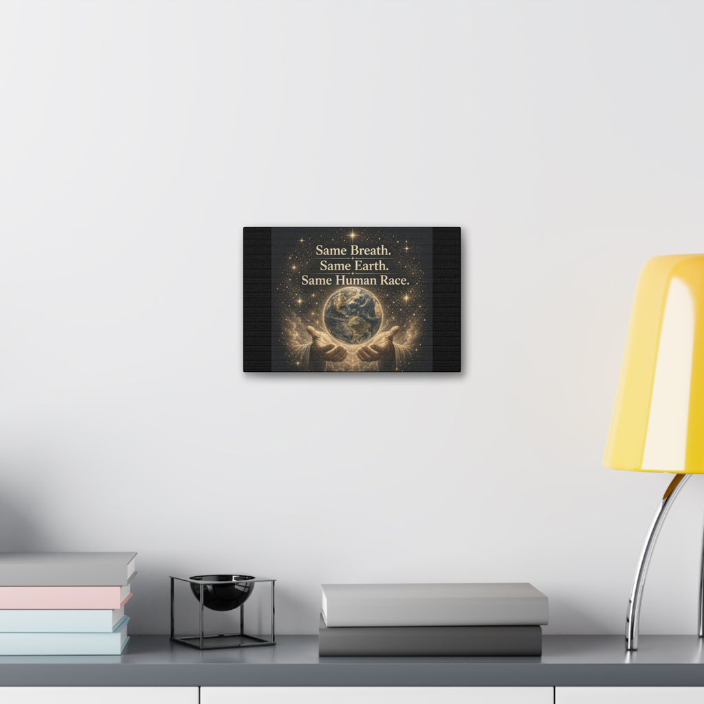Inspirational canvas wall art featuring the earth held in gentle hands surrounded by glowing stars with the quote “Same Breath. Same Earth. Same Human Race.” in warm golden tones.