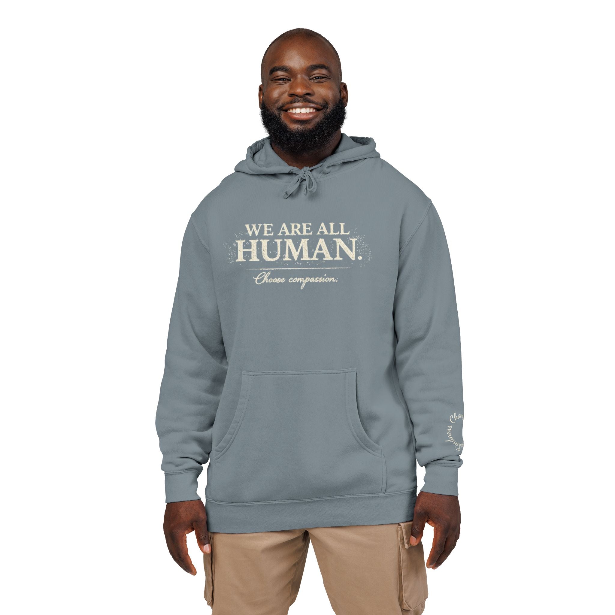 “We Are All Human” Pigment-Dyed Hoodie – Inclusive Comfort Pullover | Inspirational Minimalist Hoodie