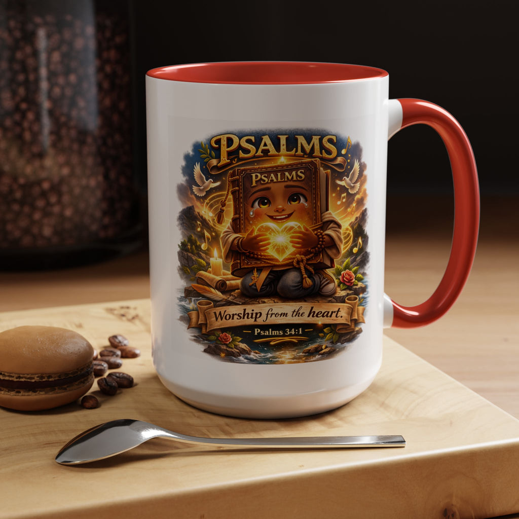 Inspirational Christian ceramic accent coffee mug featuring Psalm 34:1 and the message “Worship From the Heart” with colorful handle and interior accents on a glossy white mug.