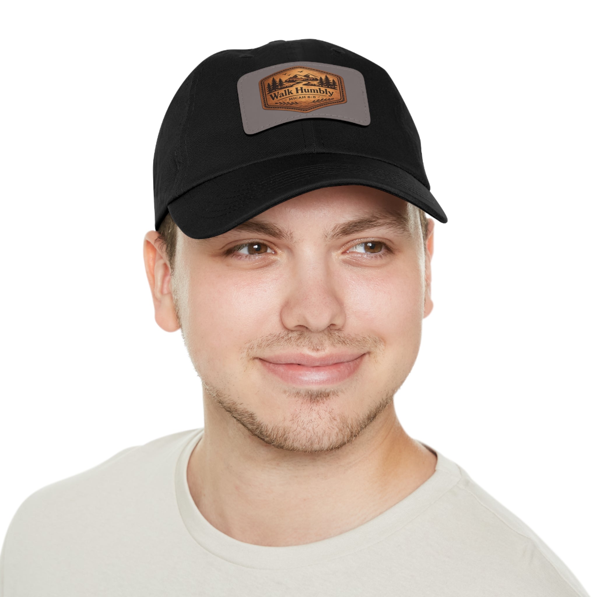 Vintage-inspired Christian dad hat featuring a faux leather “Walk Humbly” Micah 6:8 patch with rustic outdoor styling and antique brass buckle closure.