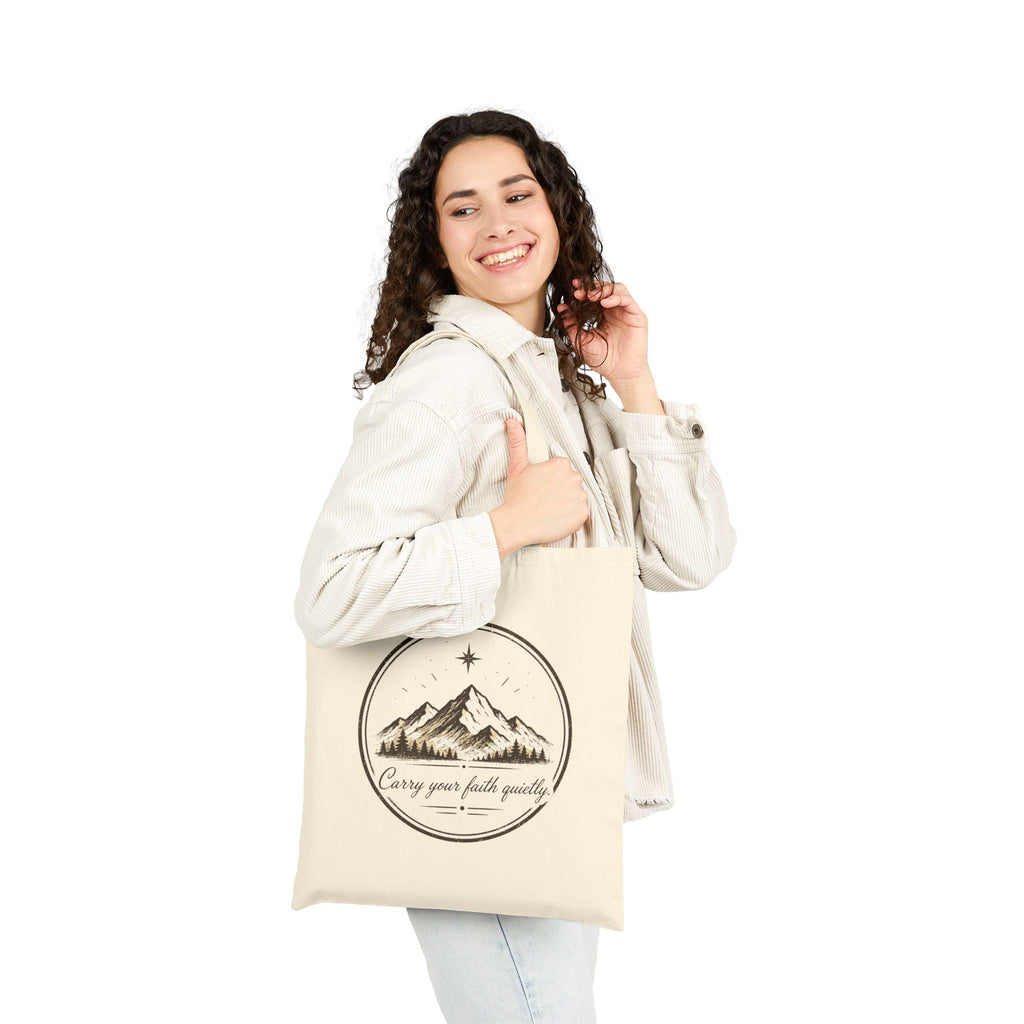 Carry Your Faith Quietly Tote Bag | Faith & Freedom Creations Canvas Tote | Mountain Faith Tote