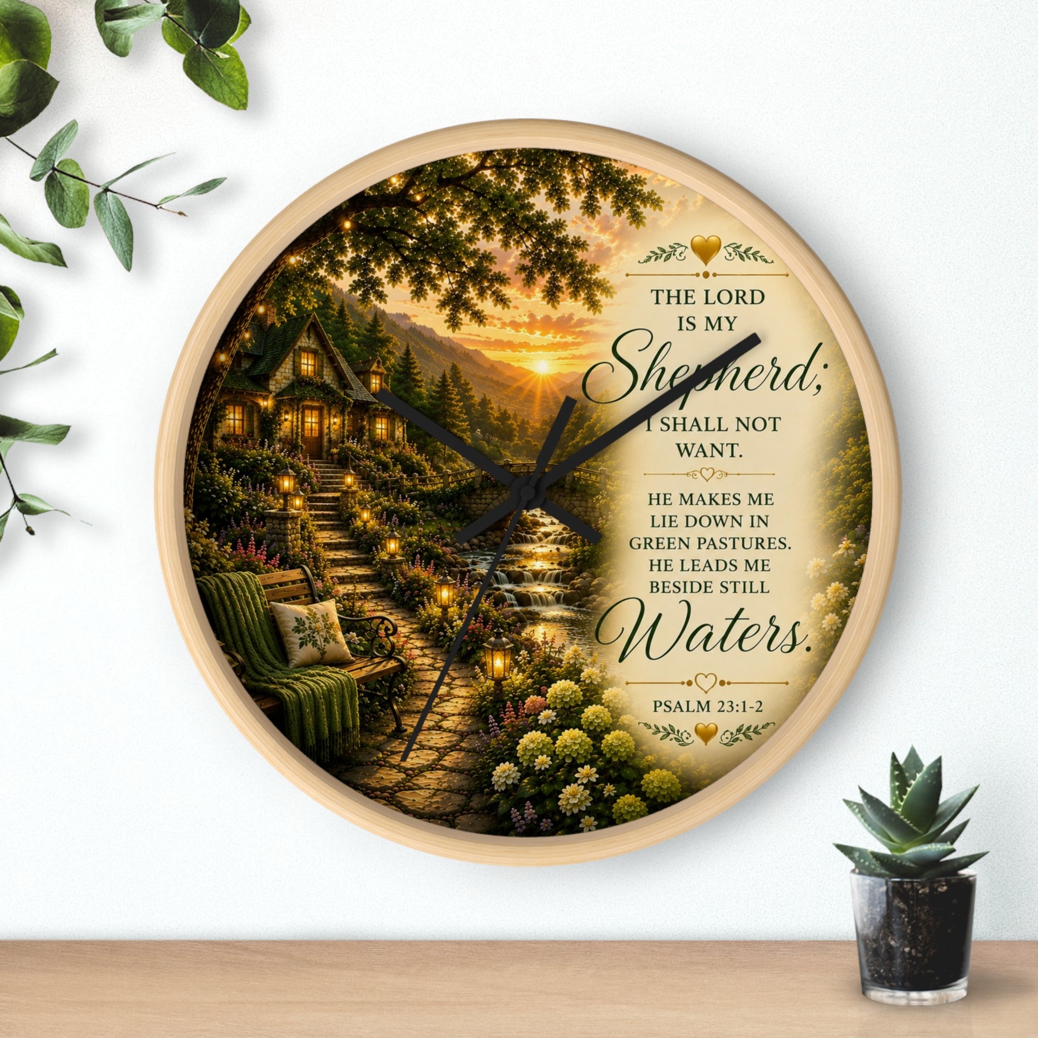 Inspirational Christian wall clock featuring a lantern-lit cottage pathway at sunset with Psalm 23 scripture about the Lord being my Shepherd.