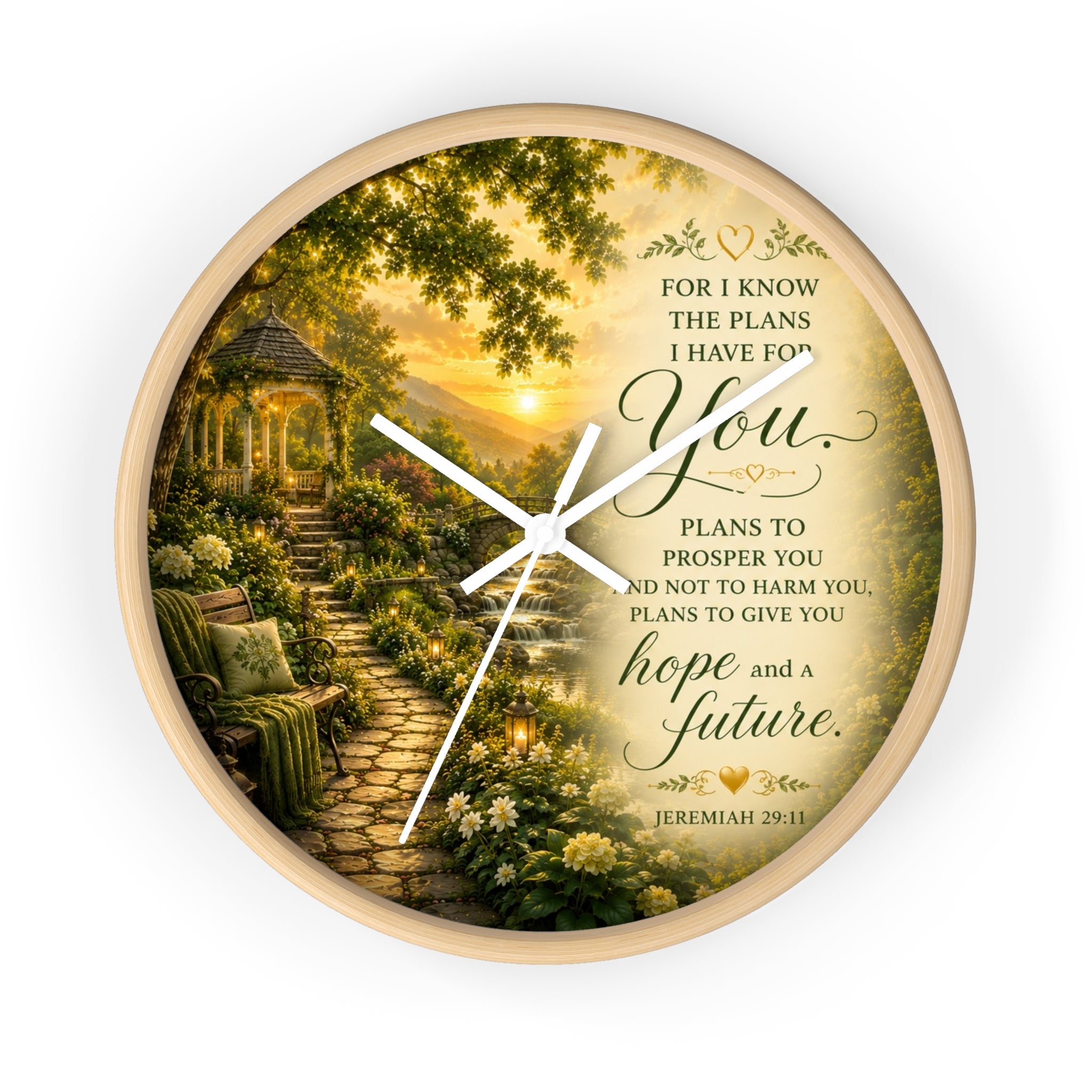 Inspirational Christian wall clock featuring a peaceful garden pathway, gazebo, and Jeremiah 29:11 scripture about hope and a future in warm sunset tones.