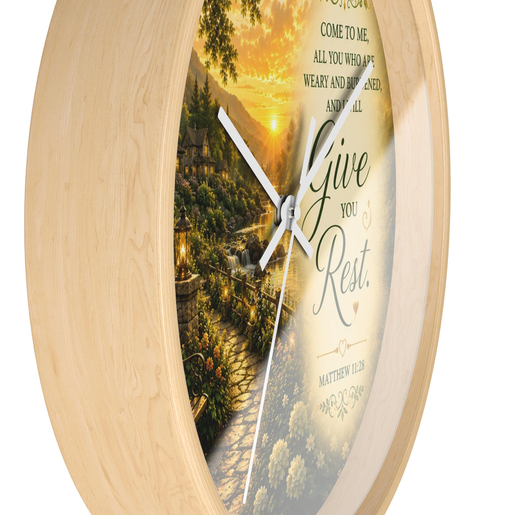 Give You Rest Wall Clock | Matthew 11:28 Christian Scripture Clock | Inspirational Faith Decor