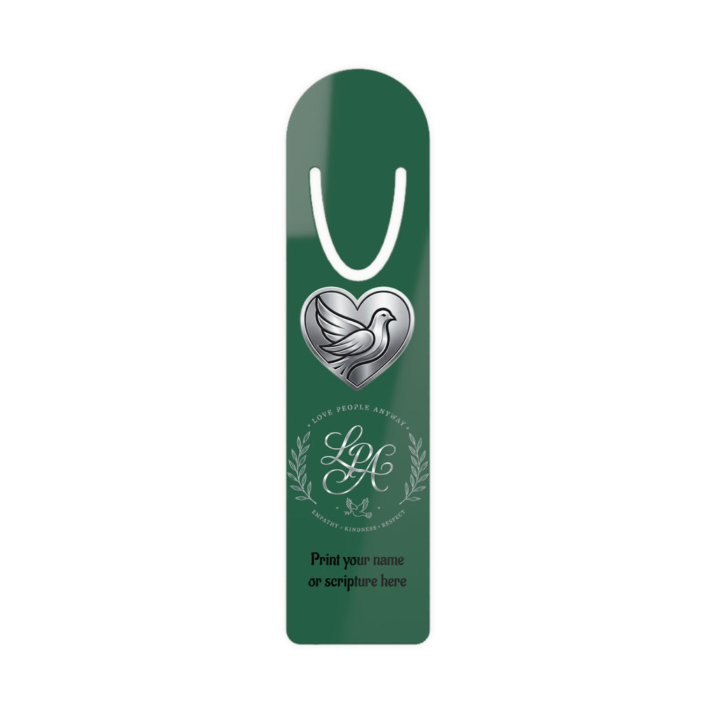 Personalized aluminum bookmark featuring the LPG monogram, “Love People Anyway” message, elegant custom design, brushed metal backing, and secure page-holding slot for books, journals, and devotionals.