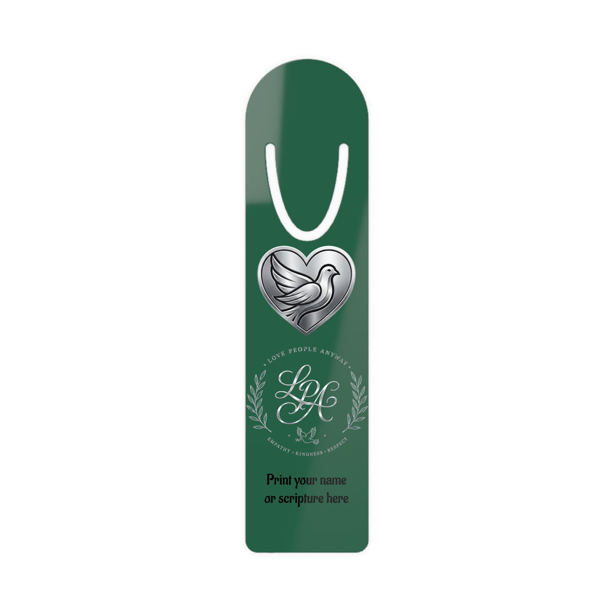 Personalized aluminum bookmark featuring the LPG monogram, “Love People Anyway” message, elegant custom design, brushed metal backing, and secure page-holding slot for books, journals, and devotionals.