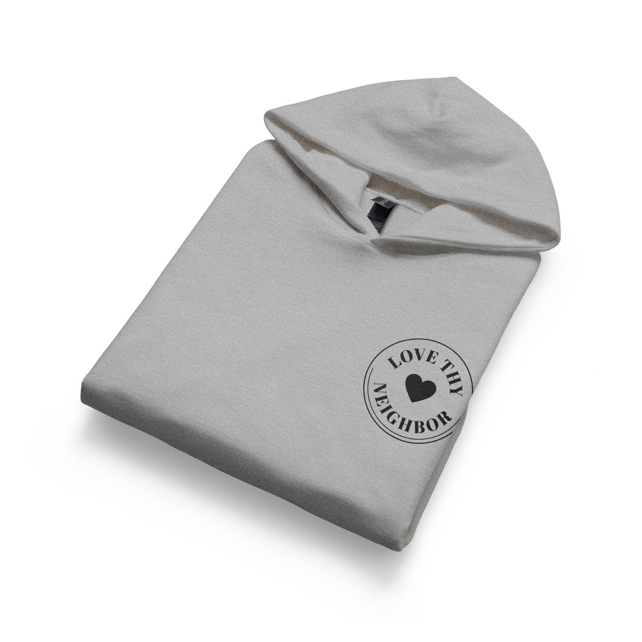 Youth hooded sweatshirt featuring a small heart chest logo with the words "Love THY NEIGHBOR," classic fit, front pouch pocket, and soft cotton blend.