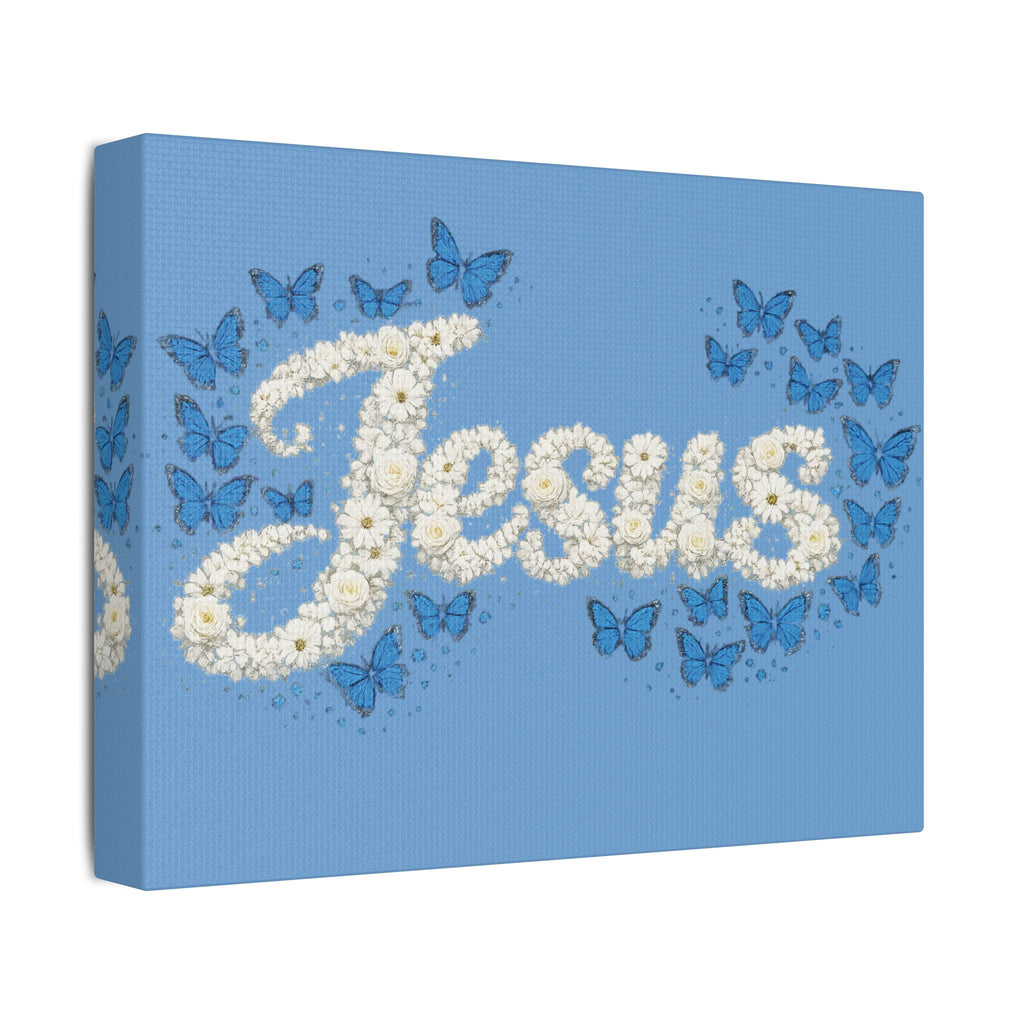 Jesus Floral Blue Butterfly Canvas Wall Art – Christian Satin Faith Print | Inspirational Home Decor