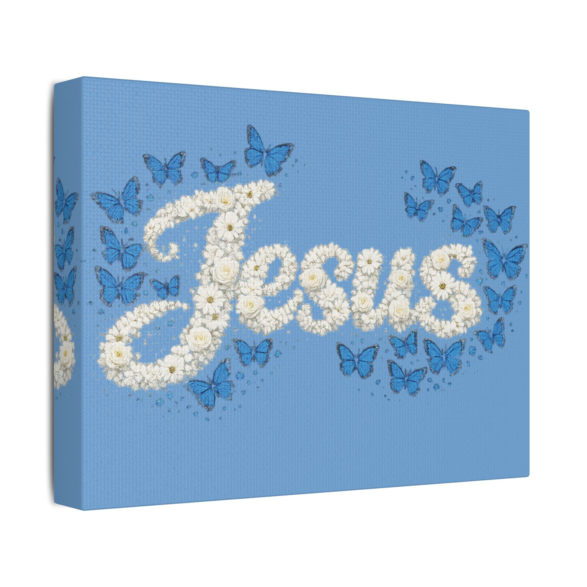 Jesus Floral Blue Butterfly Canvas Wall Art – Christian Satin Faith Print | Inspirational Home Decor