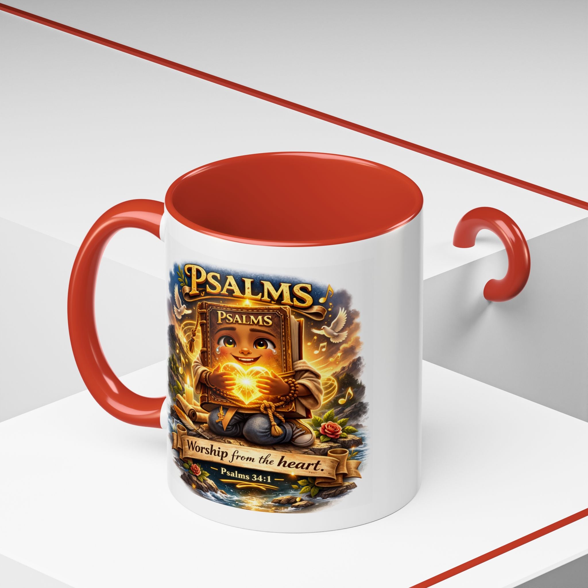 Inspirational Christian ceramic accent coffee mug featuring Psalm 34:1 and the message “Worship From the Heart” with colorful handle and interior accents on a glossy white mug.