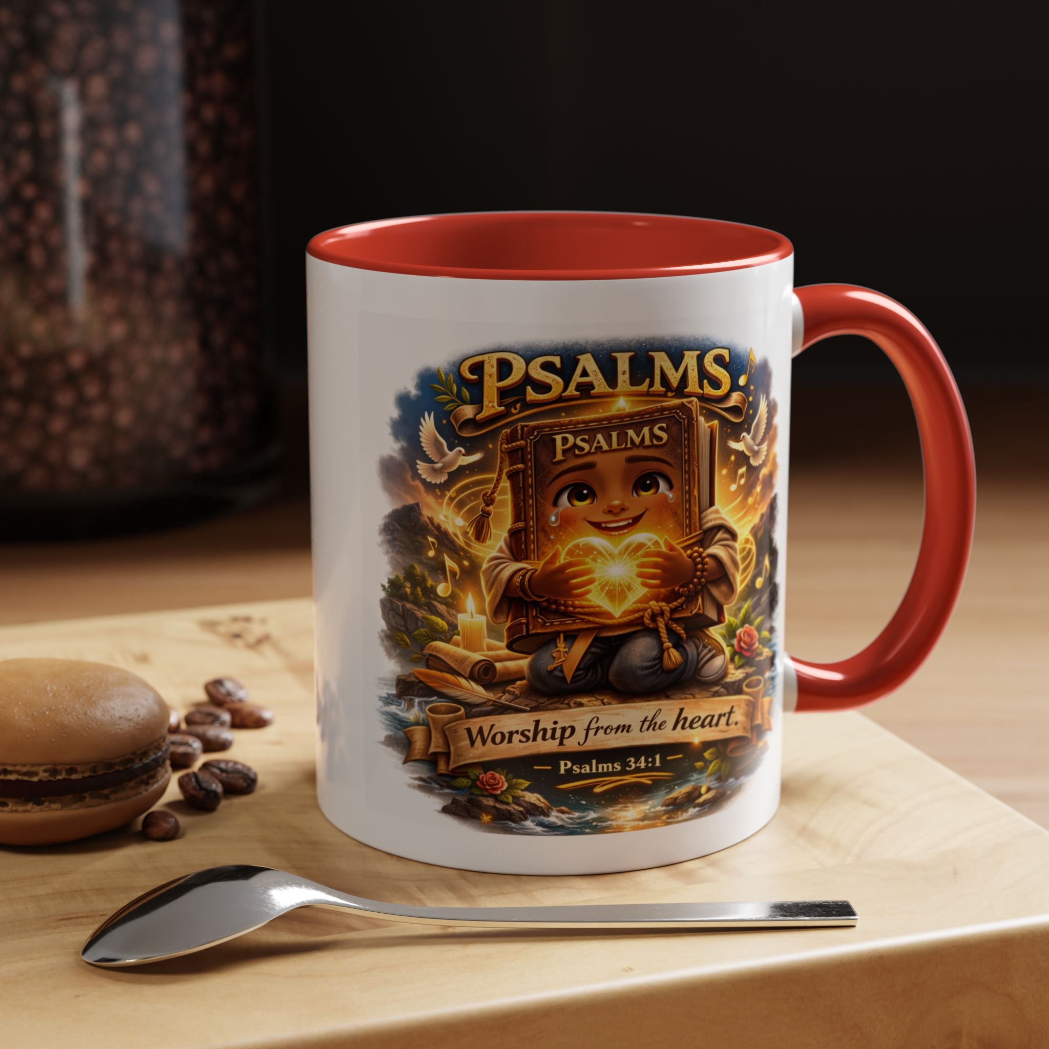 Inspirational Christian ceramic accent coffee mug featuring Psalm 34:1 and the message “Worship From the Heart” with colorful handle and interior accents on a glossy white mug.