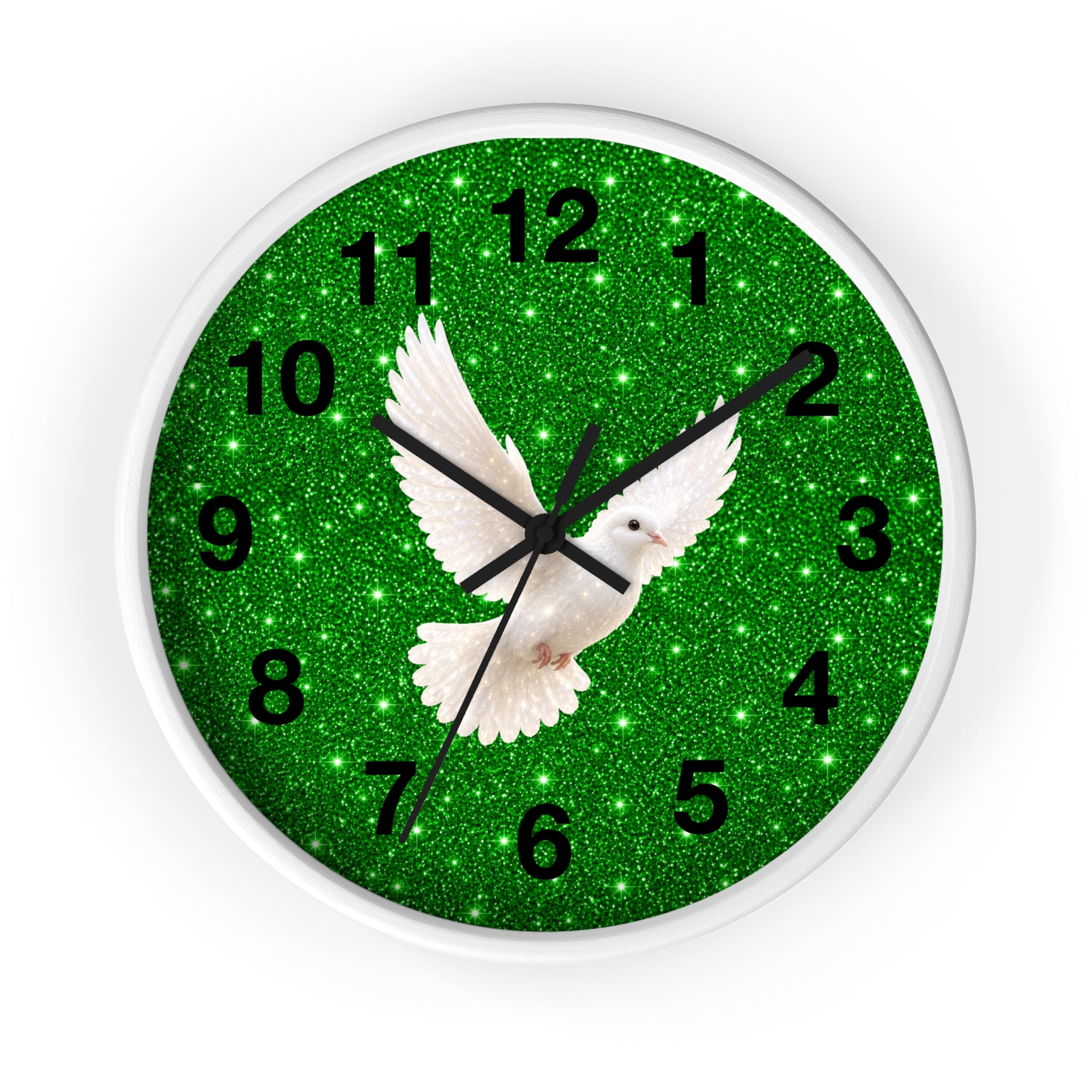 A round wall clock with a white frame and a green glitter face featuring a white dove design and black numerals, shown against a plain white background.