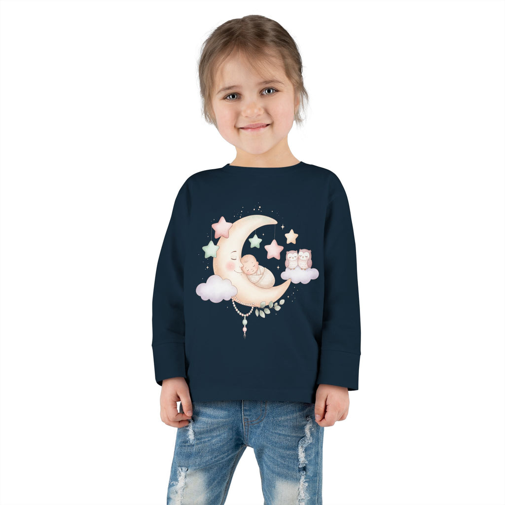 Baby Moon & Owl Toddler Long Sleeve Tee – Pastel Sleepy Moon Nursery Shirt | Cozy Toddler Pajama Style Tee