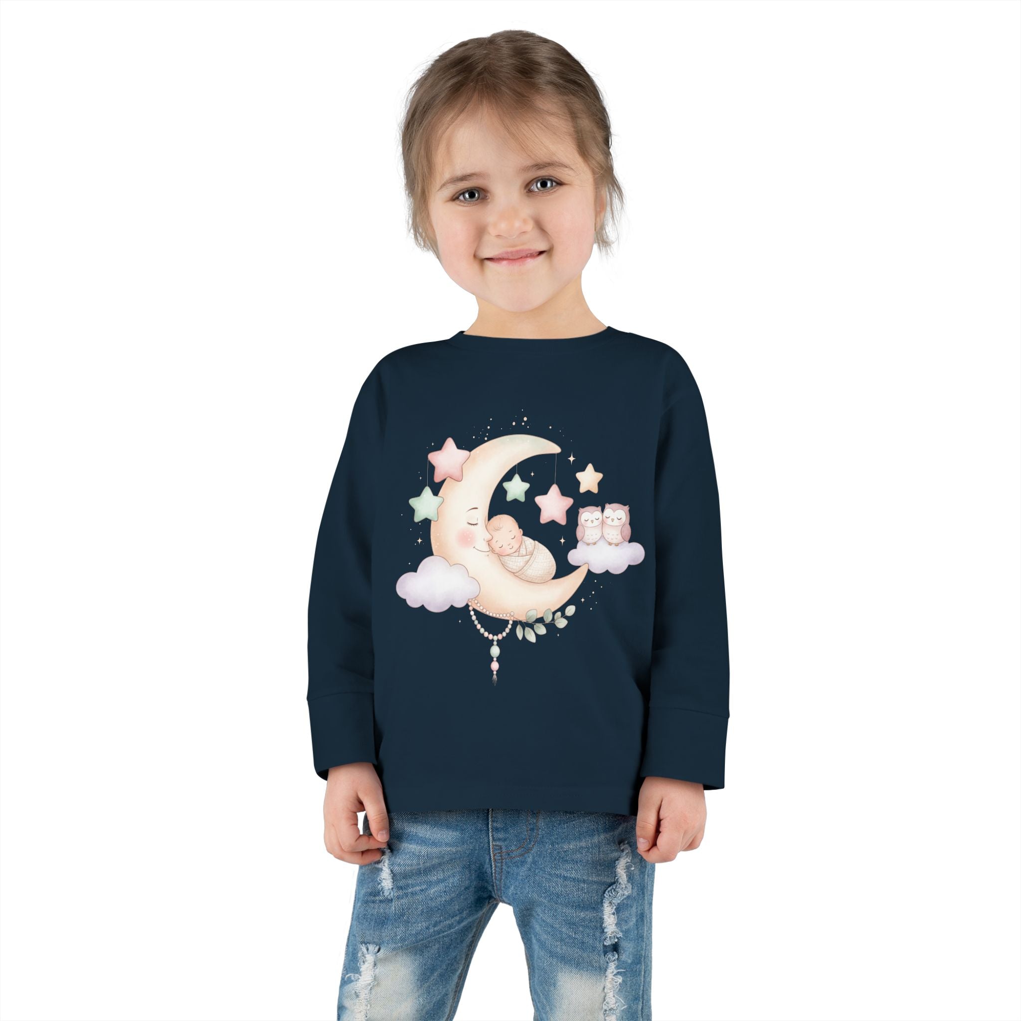 Baby Moon & Owl Toddler Long Sleeve Tee – Pastel Sleepy Moon Nursery Shirt | Cozy Toddler Pajama Style Tee