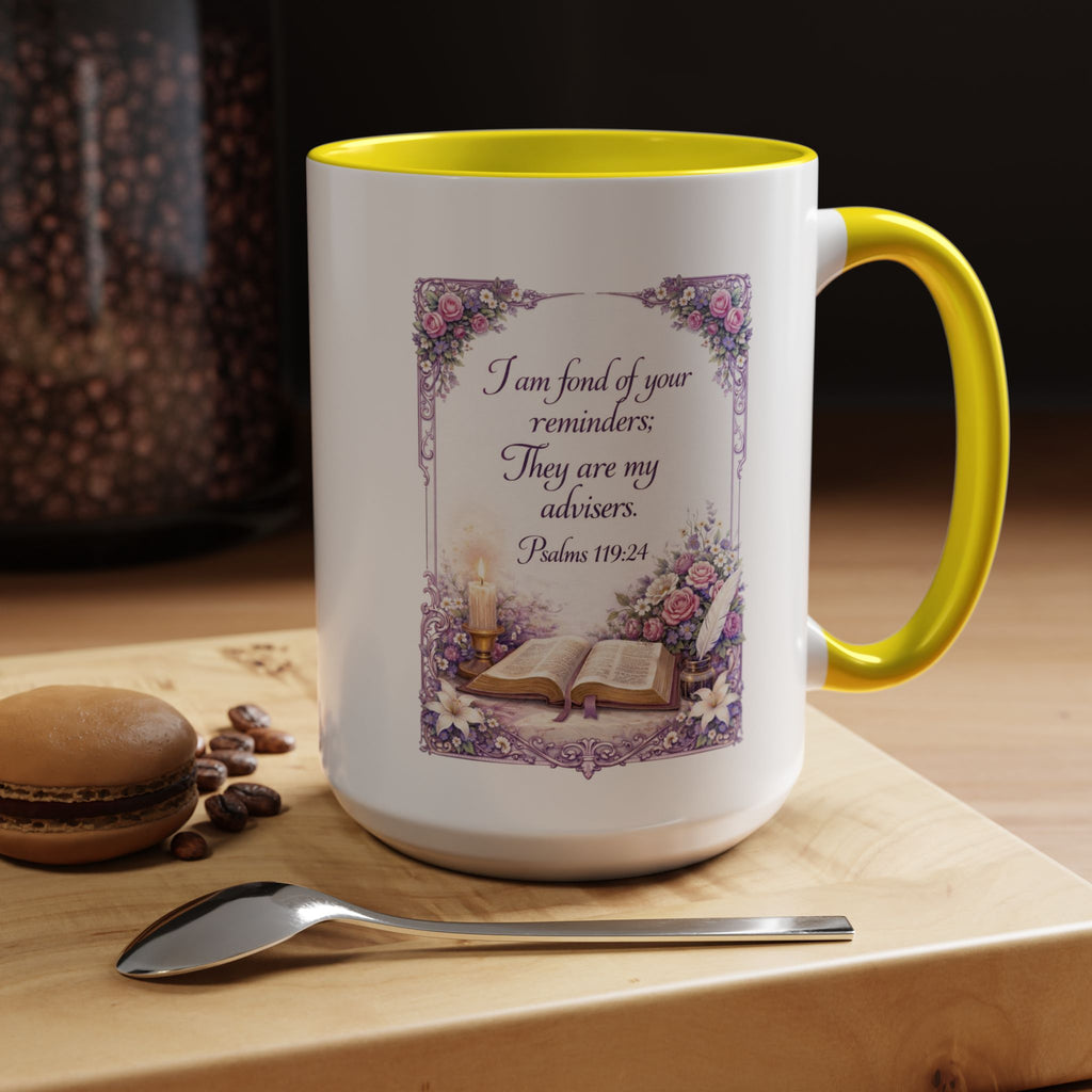 Inspirational Christian ceramic accent coffee mug featuring Psalm 119:24, delicate floral artwork, and the message “I am fond of your reminders” with colorful handle and interior accents.