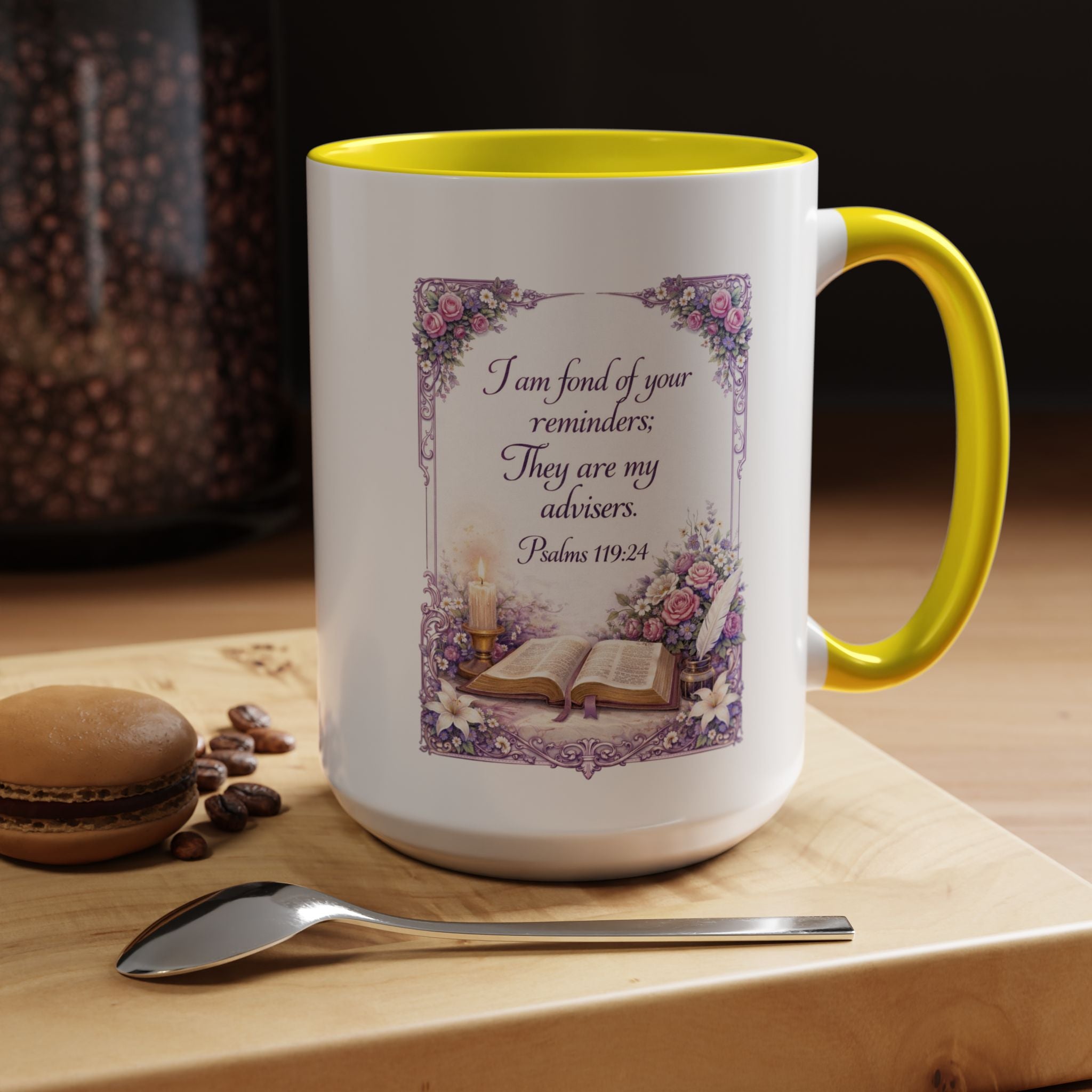 Inspirational Christian ceramic accent coffee mug featuring Psalm 119:24, delicate floral artwork, and the message “I am fond of your reminders” with colorful handle and interior accents.